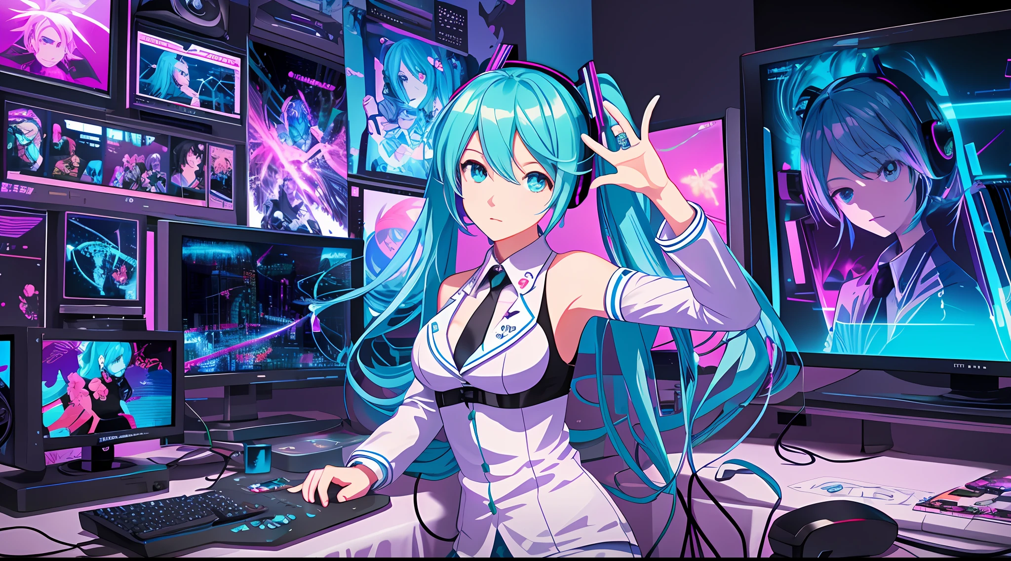 （tmasterpiece），（Most Best Illustration），（Big breasts Hatsune Miku），anime backgrounds，Game Bedroom，TV with mainframe computer，Ring lighting，edge lit，（Very detailed CG unity 8K wallpaper），（tmasterpiece），（best qualtiy），（vaporwave style），（ultra - detailed），（Most Best Illustration），（Best shadow），Perfect litthing，perfect anatomia，the night，Cool colors