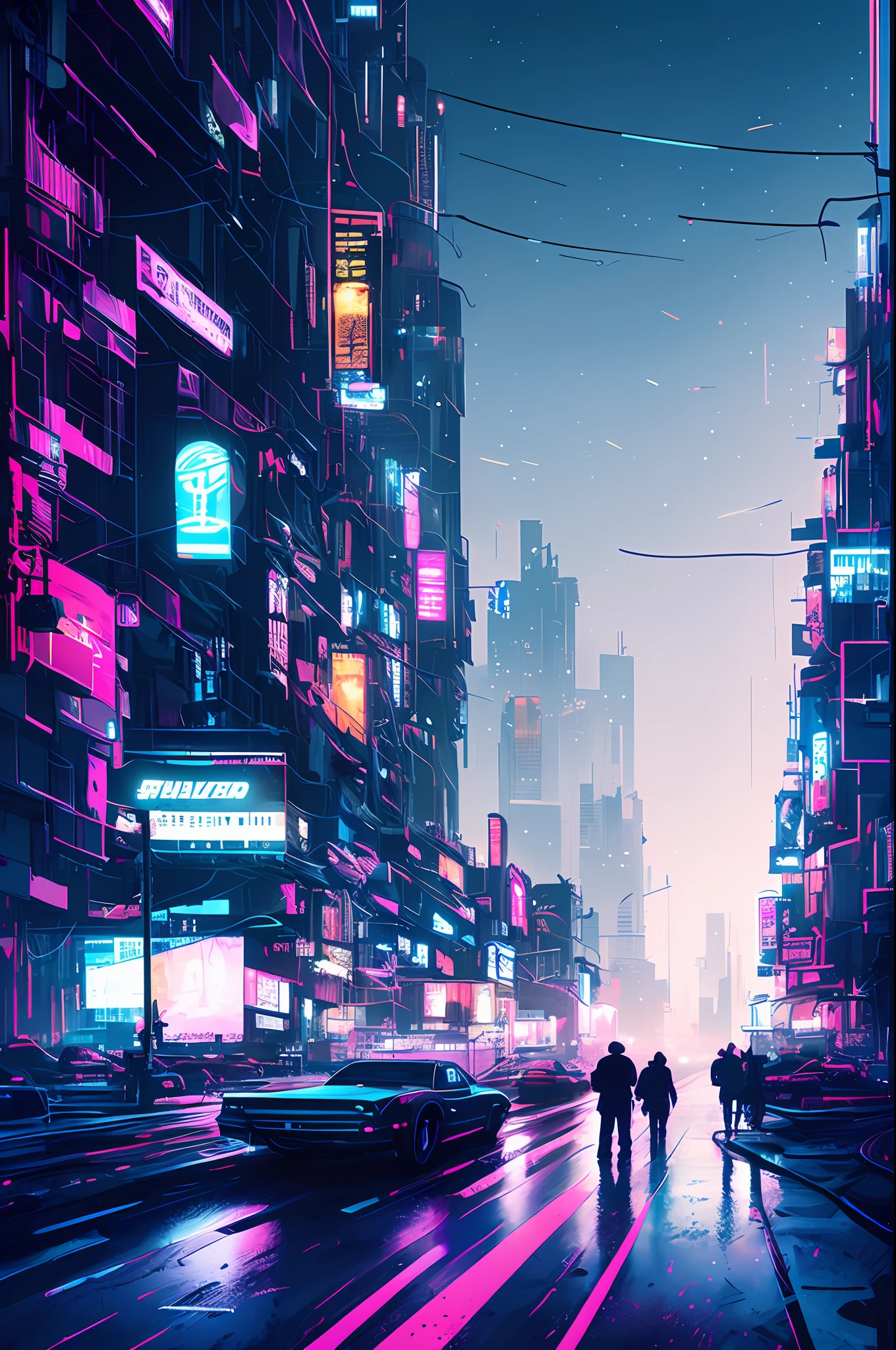 Horizon de la ville cyberpunk de nuit, style snthwve nvinkpunk, par Jeremy Mann, by sandra chevrier, par Dave Mckean et Richard Avedon et Maciej Kuciara, Punk rock, fille de réservoir, très détaillé, 4K, RTX