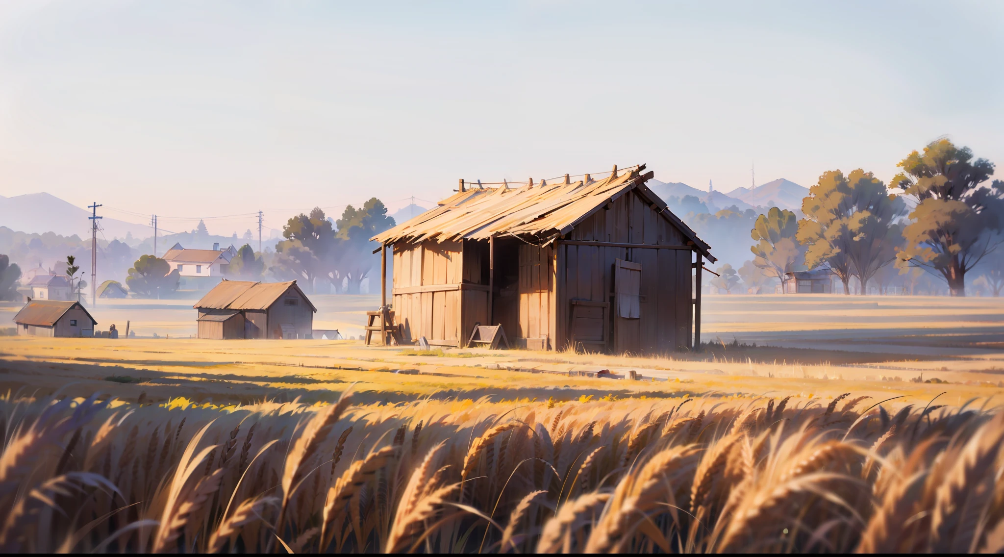 The atmosphere is filled with a breath of loneliness and desolation, SMALL FARM IN Burma, WITH A DISTANT AND SIMPLE HOUSE AFTER THE WHEAT PLANTATION