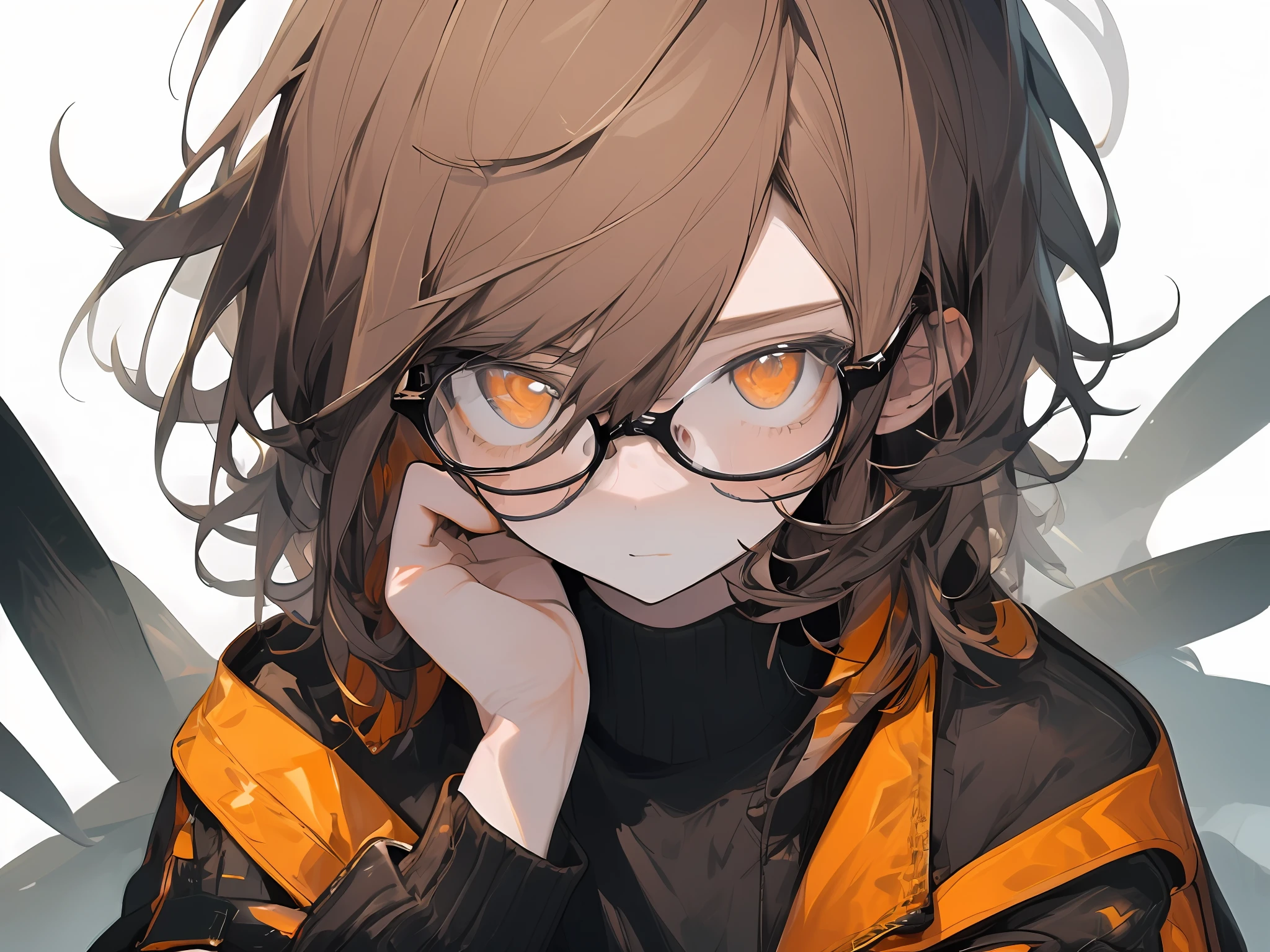 (masterpiece, best quality),1boy, solo, brown hair,  glasses, , looking at viewer, hand up, portrait, orange eyes, white background, hair between eyes, jacket, upper body, black sweater