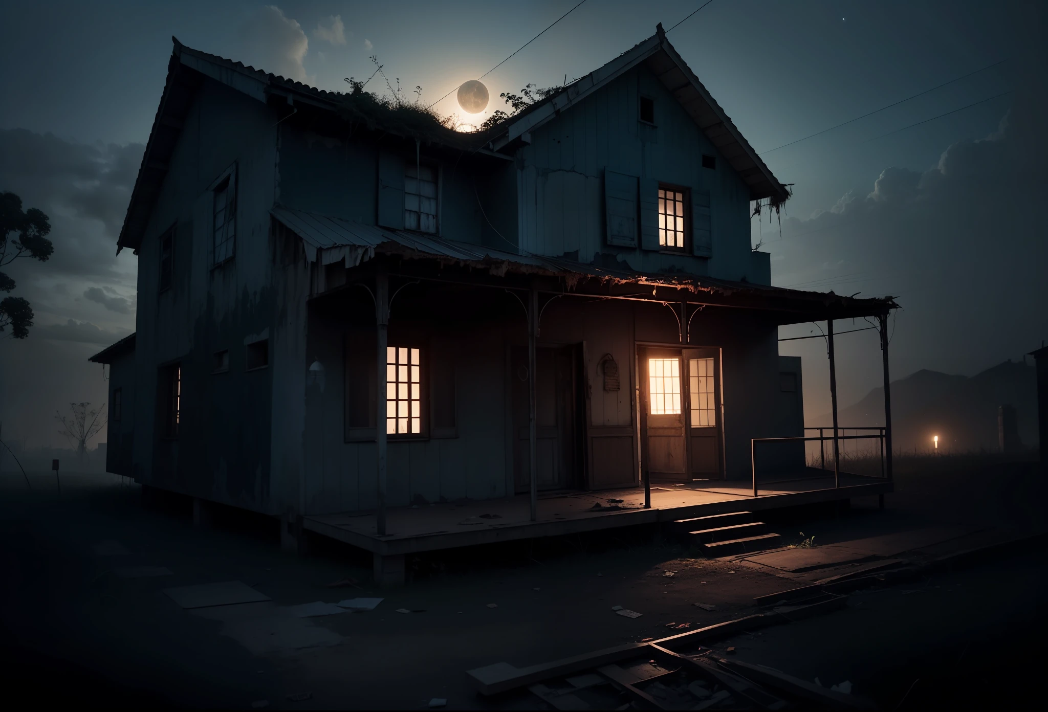 Casa vieja y abandonada, aterrador, horror, Noche oscura, atmósfera oscura, 8K, máximo detallado, alta calidad