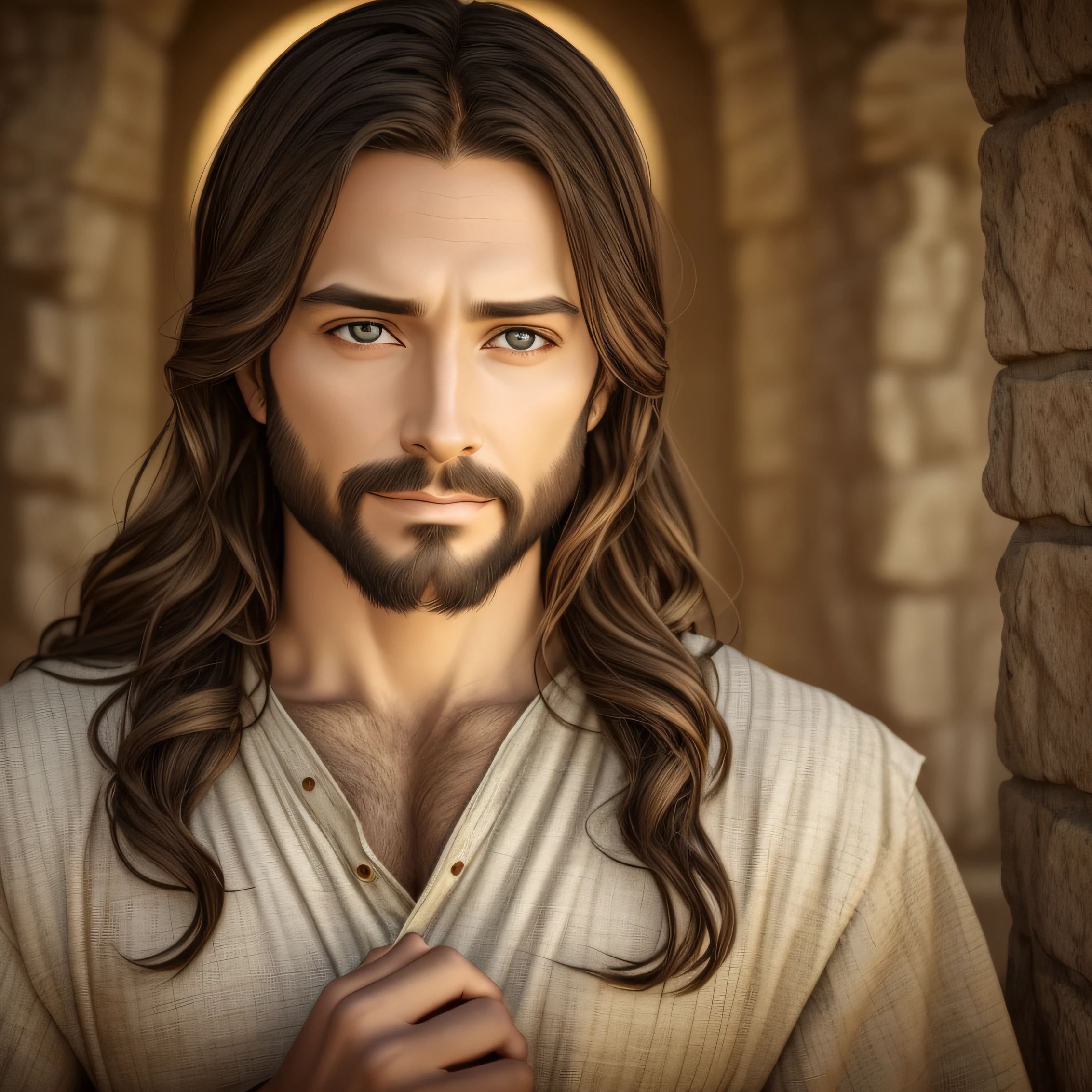 photo of Jesus, in biblical times Jesus, Photorealistic light environment, full face, looking at the Camera, calm eyes, serene and loving face, sweet look, is with lights in the background, The whole environment is clear, Photo by Busto