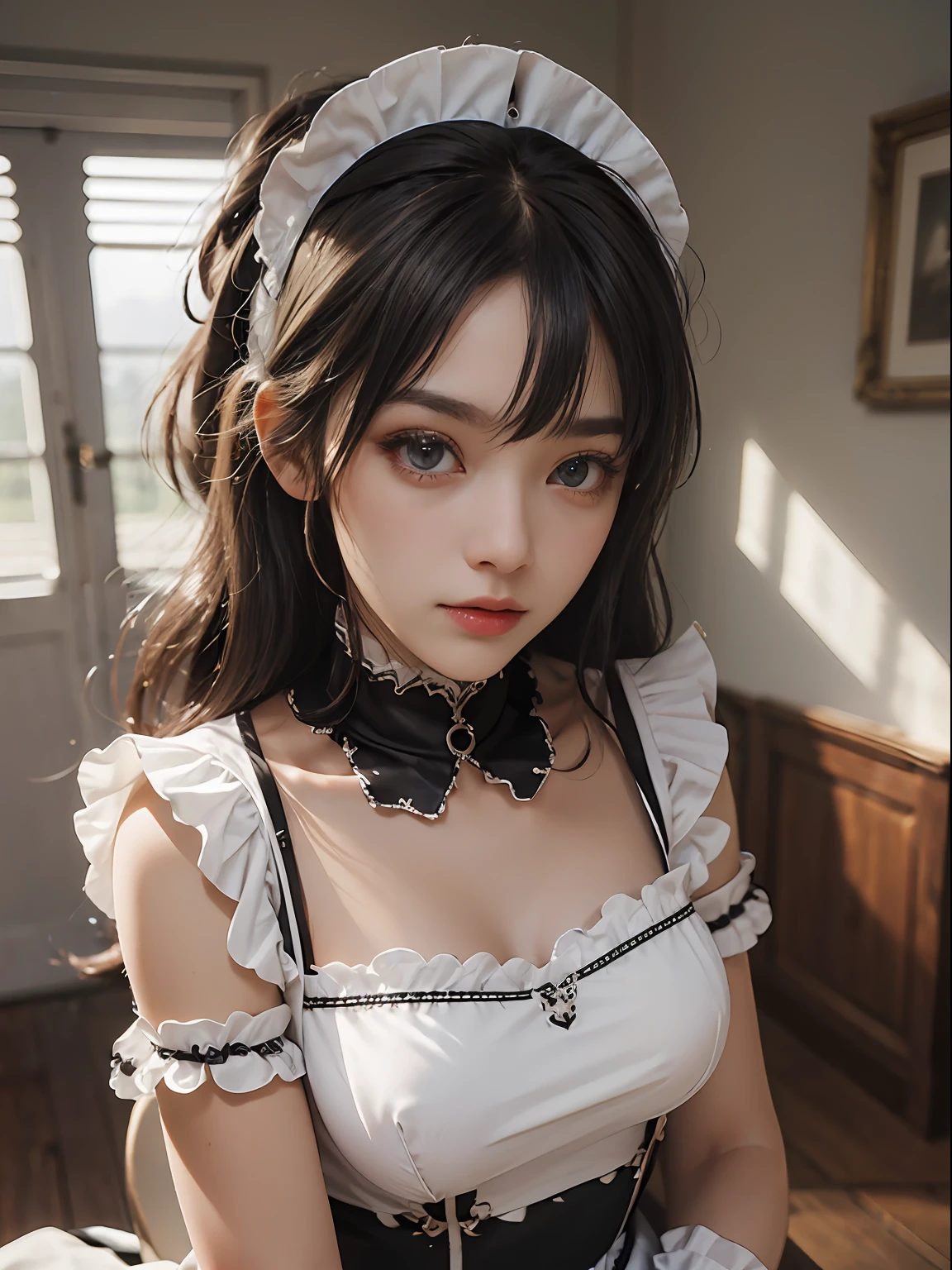 8K, Ultra High Definition, Best Quality, Masterpiece, Ultra Realistic, Photos, 1 Girl, (:1.3), Pretty Girl, Cute Face, Beautiful Eye of Detail, (Maid Outfit:1.5), (Medium Big:1.2),(((Shining Eyes))