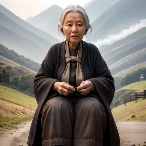 An old woman sitting on a dirt road in front of the mountain， korean woman， Chinese woman， elderly woman， Asian woman， Fei Danxu...