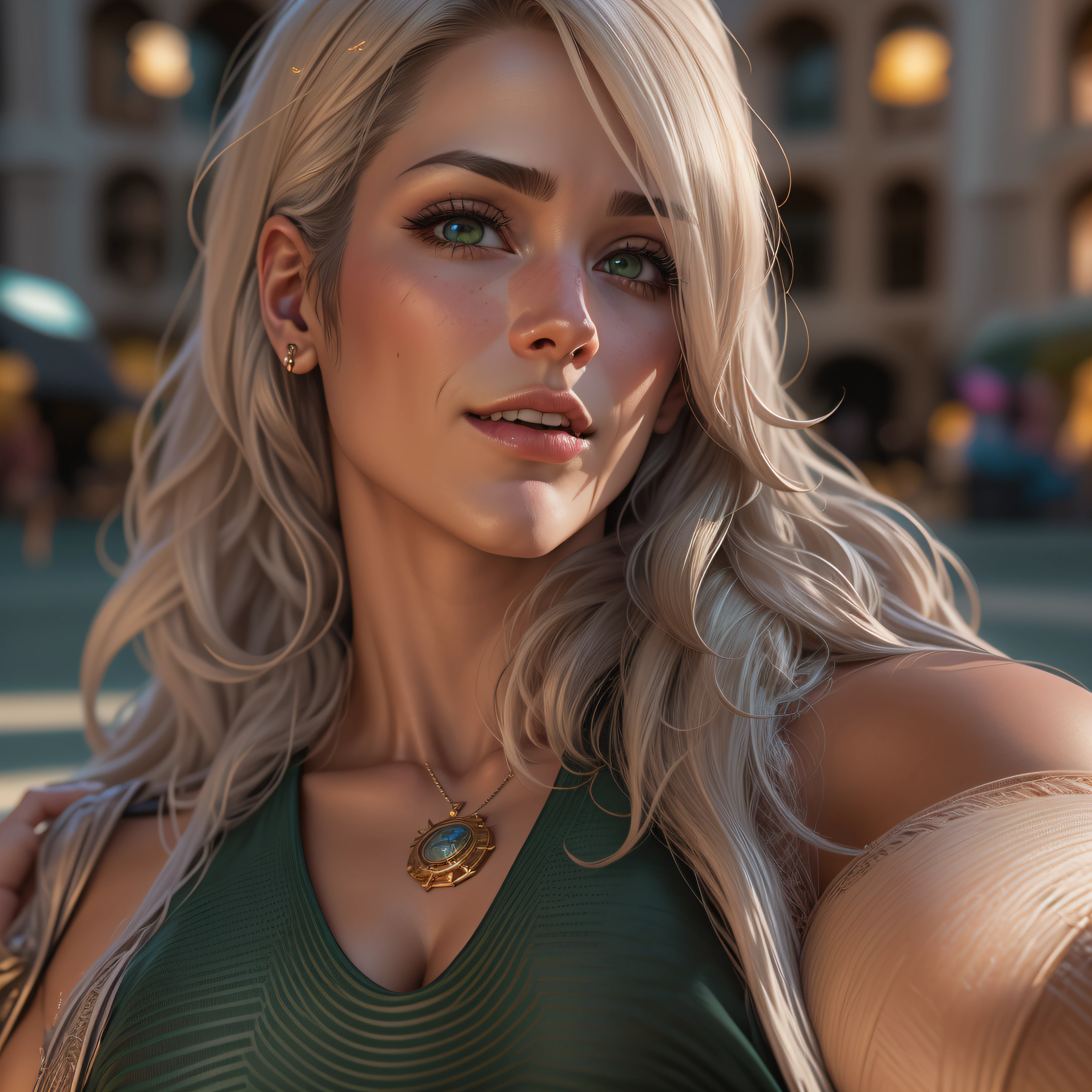 Blond woman with long hair posing in a green top - SeaArt AI