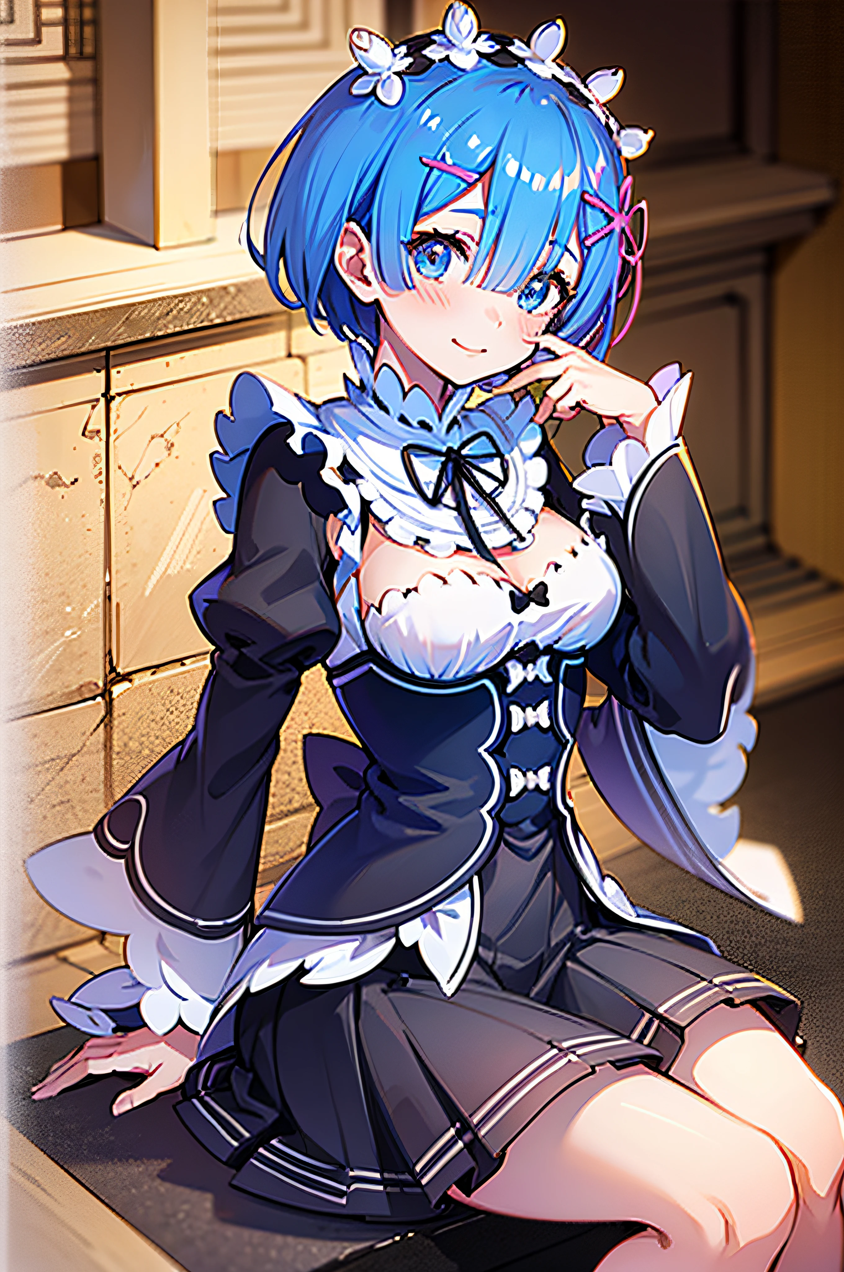 "blue hair, Rem (Re:Zero), [smiling], blushing, castle scenery, masterpiece, best image quality, optimal lighting, a single girl wearing a skirt, with medium-sized breasts, shy expression