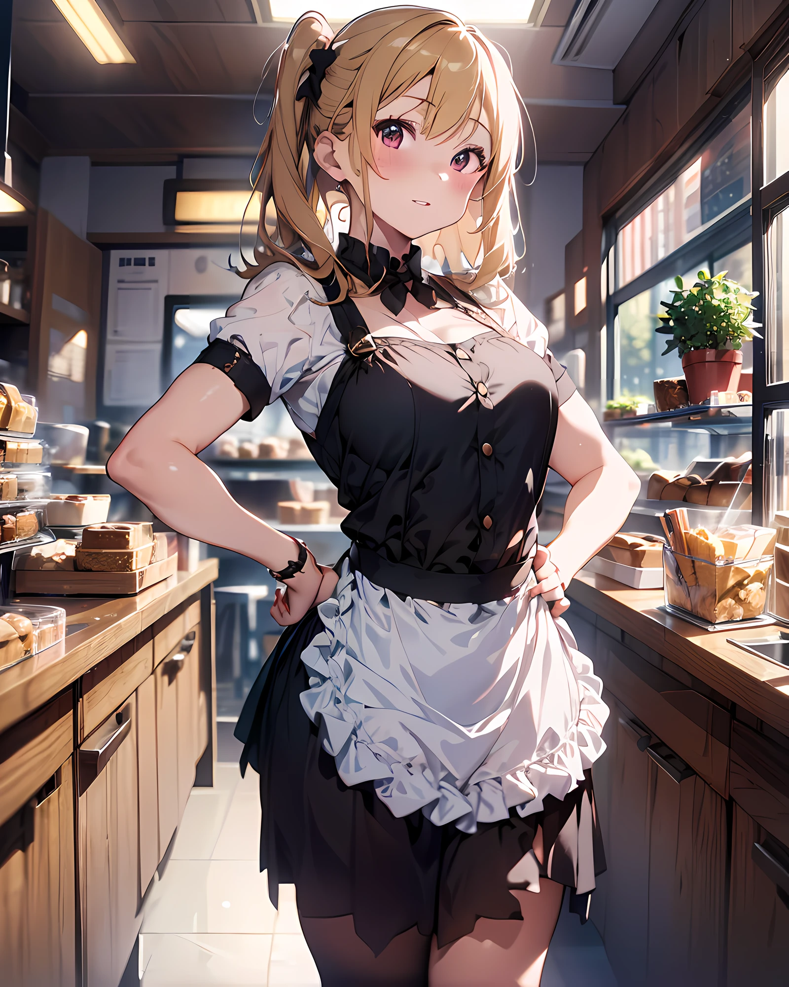 highres, ultra detailed, (1girl:1.3), (dynamic pose):1.0 BREAK, full body image, ((1 extremely cute and pretty cafe girl standing inside counter in cafe)), cashier, wearing a maid outfit, maid apron, she has sandy-blonde twin-buns hair style, red hair ribbons, medium-breasted, slender, abs, 7 life size, detailed clothes, detailed body, detailed arms, human hands, detailed hands, blush, light smile, parted lips, pink lip stick, surprised, looking the viewer, facing the viewer, pretty model posing, extremely leaning forward against the viewer, hands behind back on her hip, studio soft light, cinematic light, detailed background, symmetrical, hyperrealistic, highly detailed, intricate, very smooth, sharp focus, redshift render, 8K, realistic, ultra-realistic, masterpiece,