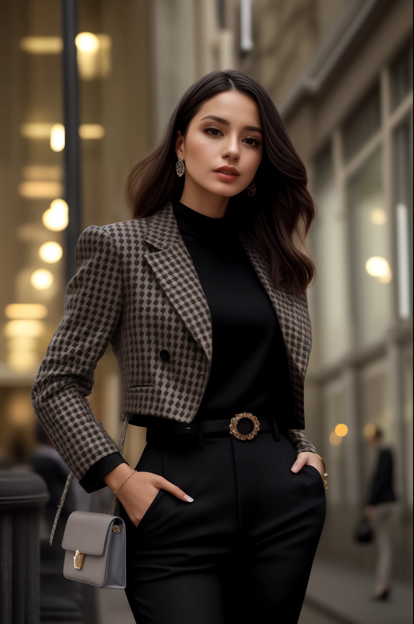 uma mulher com uma jaqueta preta e branca e calças pretas, alta moda elegante, vestindo uma roupa elegante, Estilo de Laura Sava, estilo elegante, Camisa cropped com jaqueta,  elegante na roupa urbana, roupa de negócios, ESTILO CLÁSSICO, vestindo uma jaqueta preta extravagante, roupas elegantes, Dirigido por: Emma Andijewska, deslumbrante elegante, julia sarda, No estilo de Niko Pirosmani