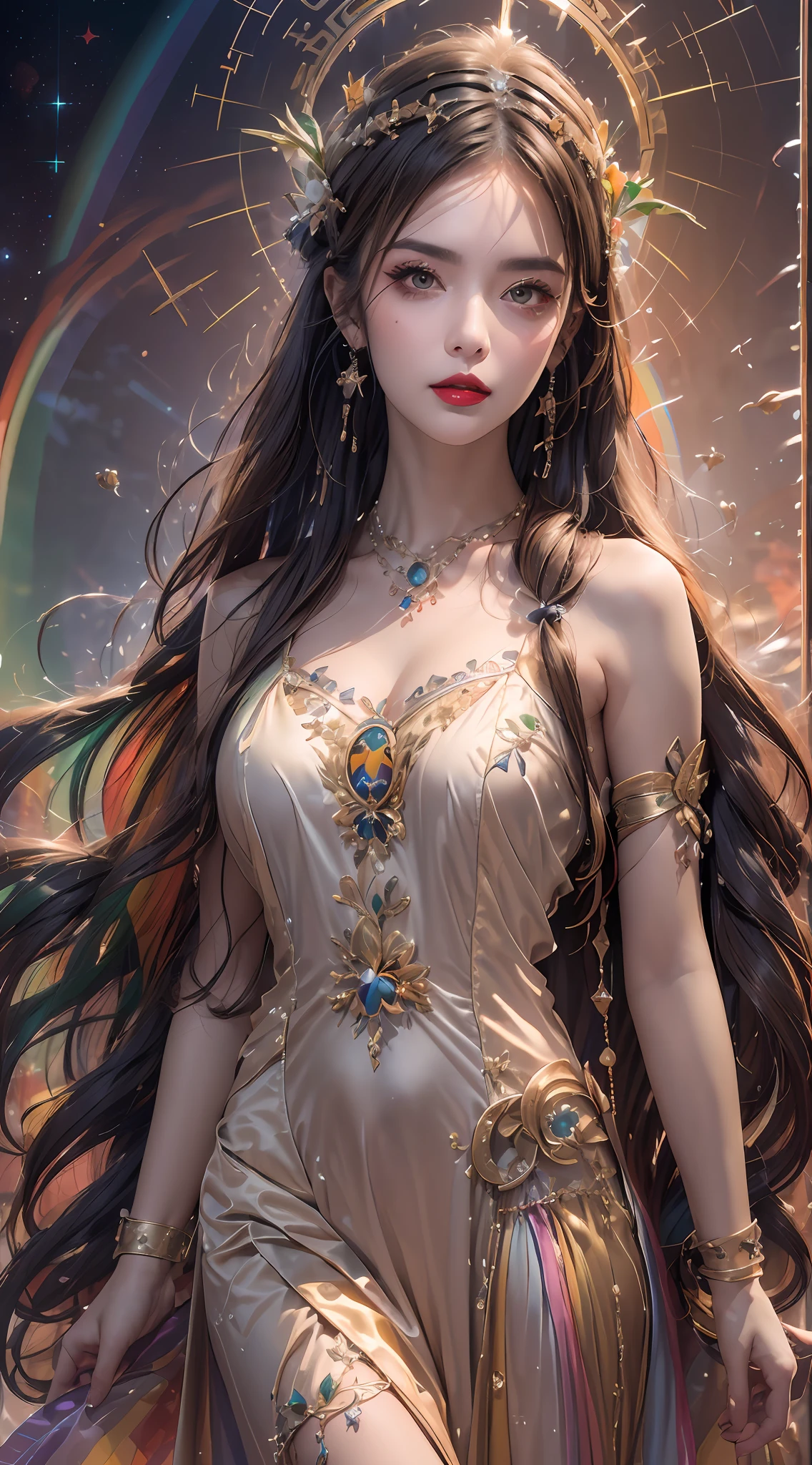 1 20-летняя девушка, 1 богиня Афина из будущего, 12 богиня зодиака розовый фиолетовый, Афина богиня лицо сексуальная тонкая желтая ночная рубашка, длинная тонкая ночная рубашка 12 зодиака много конечностей сексуальная черная кружевная деталь, мифическая богиня Афина из будущего, Символ Богини, роскошный сверкающий стиль Афины, темная и загадочная версия, Корона Афины, помада красные губы, тонкие и красивые губы, не улыбайся, Держи рот на замке, персонажи, созданные Каролем Баком и Пино Даэни, сложная деталь, подробный фон, чрезвычайно подробный, Светлая магия, девушка, ясное лицо, looking at the верхняя часть тела of the goddess of the athena, Круглая грудь, big and Круглая грудь, брошь из волос феникса, длинные волосы с челкой, (Длинные волосы имеют 7 цветов, как радуга.:1.9), красивое детализированное лицо и пропорциональные глаза, (прозрачные желтые глаза: 1.8), Большие круглые глаза и очень красивый и детальный макияж., мечтатель, длинная шелковая ночная рубашка, загадочный макияж, браслеты, боковая челка и покраска бледно-желтого цвета, верхняя часть тела, (athena goddess верхняя часть тела: 1.8), опущенные руки, Реалистичное и яркое фото, (звезды, составляющие афину: 1.7), ( Небесная Афина и вымышленный портал пространства и времени: 1.8), художественная литература, Необработанное фото, Ханьфу фото, лучшее фото , высокий_рез, Лучшее качество, лучшее фото, 8К quality, 8К ultra , сюрреализм, самое экономичное реальное фото, Художественный портрет знаков Афины, 1 символ знака Афины сзади, Одиночный портрет богини Афины, Самая реалистичная цветовая гамма, лучшее фото color, шедевр, украшение для волос, ожерелье, Ювелирные изделия, Красивое лицо, верхняя часть тела, Эффект Тиндаля, фото реалистичный, Темная Студия, бордюрный свет, двухцветный свет, (Детализированный скин) высокий: 1.2), 8К uhd, зеркальная камера, Мягкий свет, высокий quality, объемный свет, откровенный, Фото, высокий резolution, качество 4К, 8К, боке, Гладкий и острый, пиксель вверх в 10 раз, Очаровательная богиня Афина, сексуальная богиня Афина, (фоновое пространство: 1.8), (галактика: 1.7), полярное сияние, молния, (Фон Авроры: 1.8), прекрасные глаза, photo of прекрасные глаза, красивая богиня и цветы,