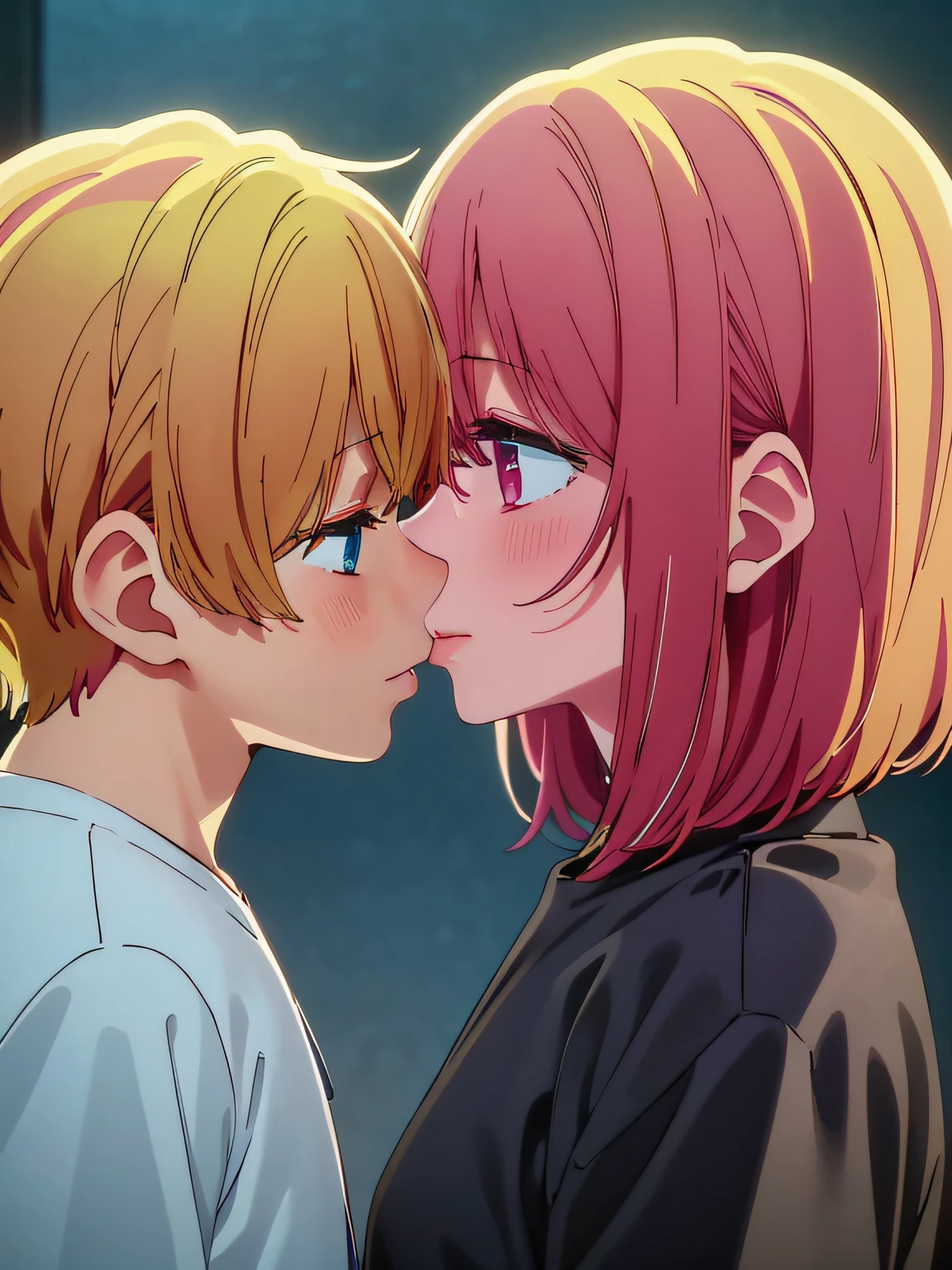 masterpiece best quality, photorealistic, realistic skin/face, beautiful, highly detailed, intricate, a couple, 1girl( arima kana, short dark-red hair), 1boy(hoshino aquamarine, short asymmetrical blond hair), kissing