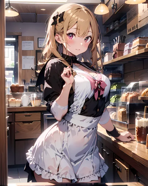 highres, ultra detailed, (1girl:1.3), (dynamic pose):1.0 BREAK, full body image, ((1 extremely cute and pretty cafe girl standin...