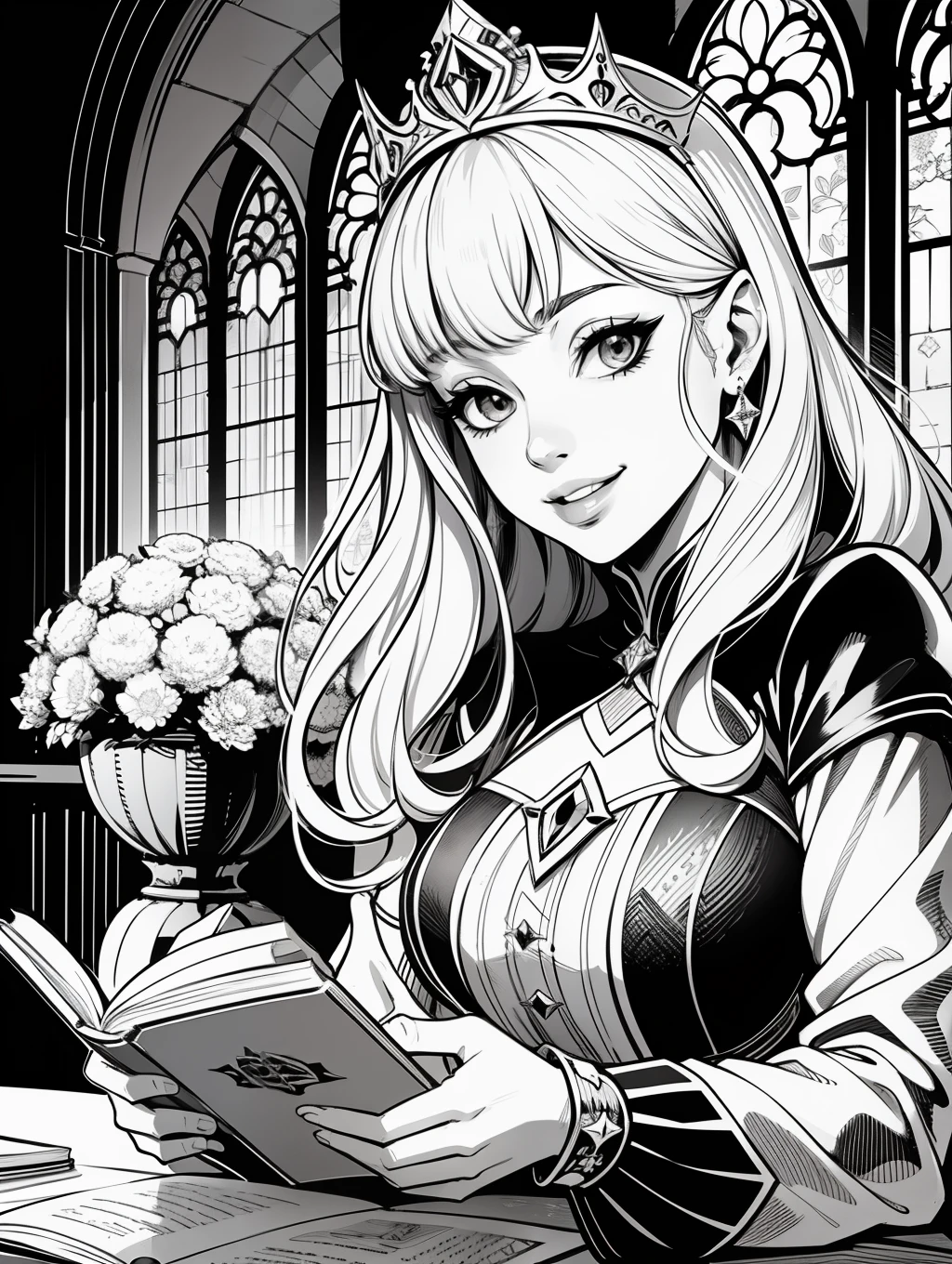 Lineart, monochrome colors, princesa fofa, livro de colorir, sorrindo, fofa, flores, Castle scenery, preto e branco