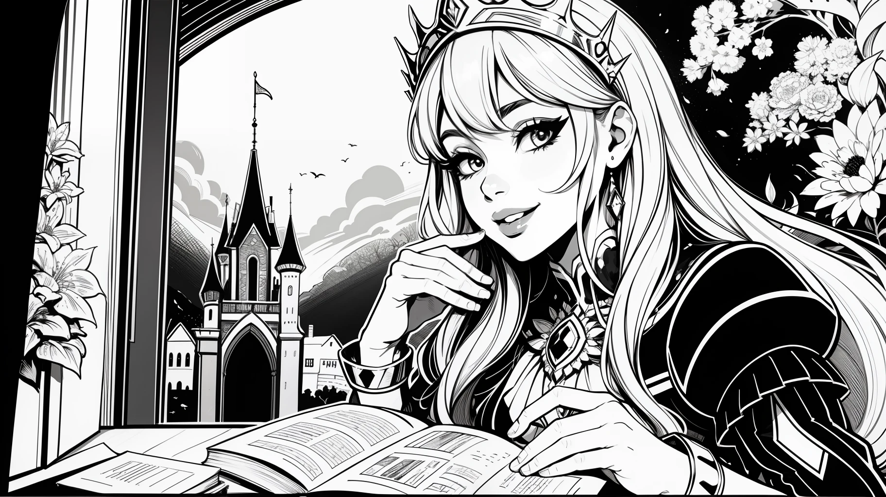 Lineart, monochrome colors, princesa fofa, livro de colorir, sorrindo, fofa, flores, Castle scenery, preto e branco