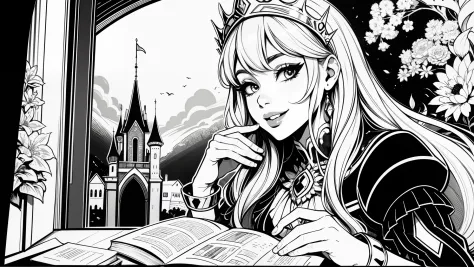 lineart, monochrome colors, princesa fofa, livro de colorir, sorrindo, fofa, flores, castle scenery, preto e branco