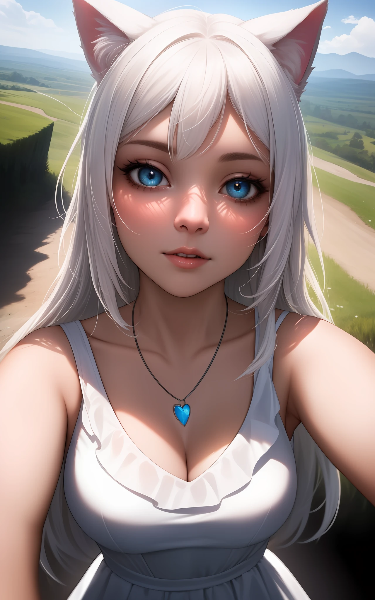 anime style, model shoot style, (upper body) (selfie:1.7) of a ((girl:1.6)), (1girl:1.3), (white hair, long hair:1.3), (white dress:1.3, landscape in the background:1.5), ((beautiful face: 1.7, perfect face:1.5)), (best quality:1.5, hyperrealistic:1.5, photorealistic:1.4, Madly detailed CG unity 8k wallpaper:1.5, masterpiece:1.3, Madly detailed photo:1.2), (hyper-realistic lifelike texture:1.4, realistic eyes:1.2), (octane render, unreal engine 5), (ecstasy of light and shadow:1.5, deep shadow:1.5), (sony a7, 50 mm, film grain:1.5, 4K UHD HDR), (photo by lee jeffries, Greg Rutkowski and Magali Villanueva), cat ears, blue eyes, blue heart necklace