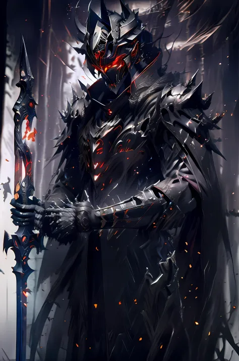 dark soul necromancer, A bodiless armor, black shawl, black hood, no face, male, armor carving, demonic armor, black face, scarl...