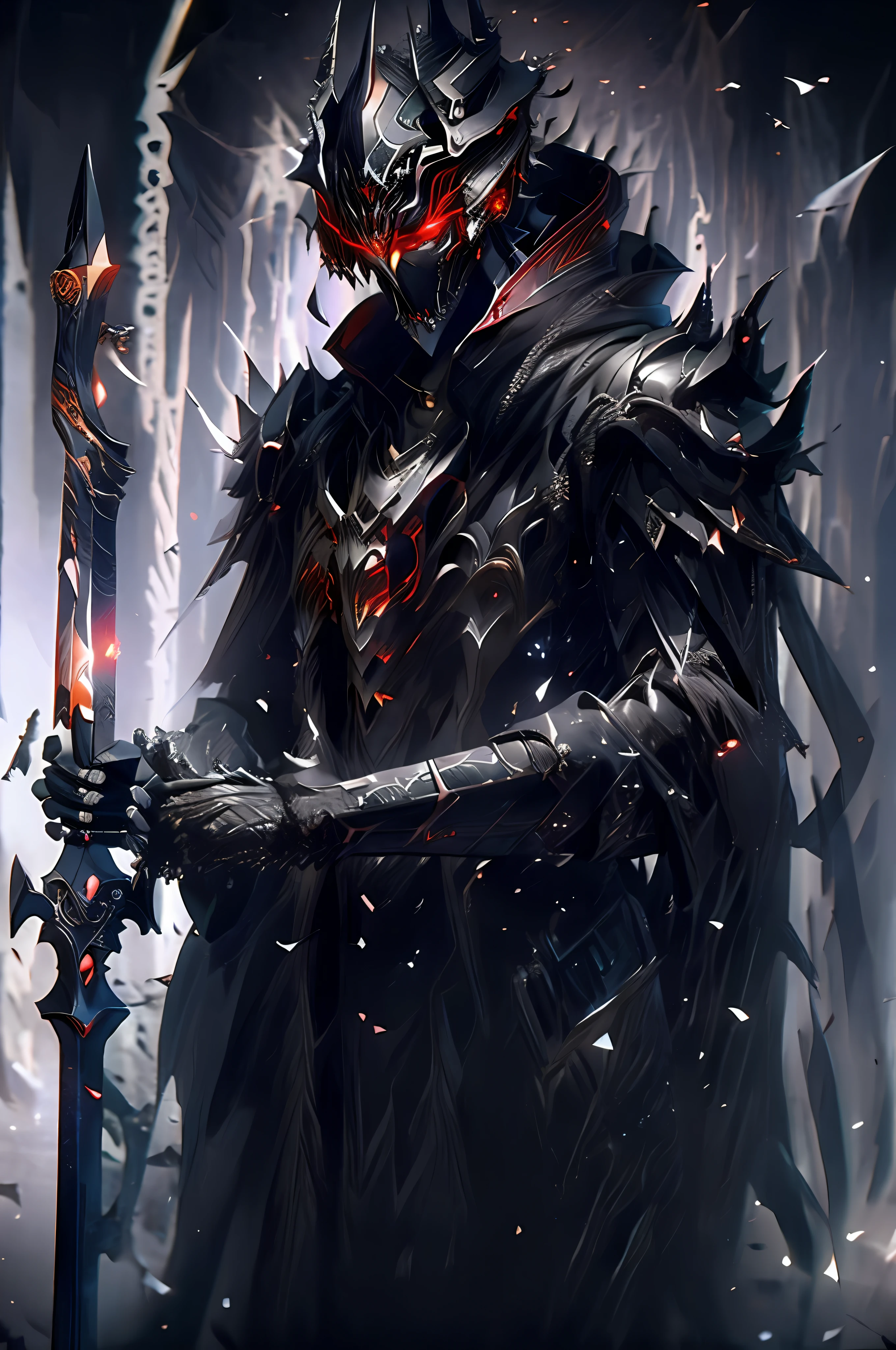 dark soul necromancer, A bodiless armor, black shawl, black hood, no face, male, armor carving, demonic armor, black face, scarlet eyes, barrel helmet, peephole, iron crown, holding a Ornate black and purple glowing one-handed sword, gothic style, in a dark forest, 32k, unreal engine 5