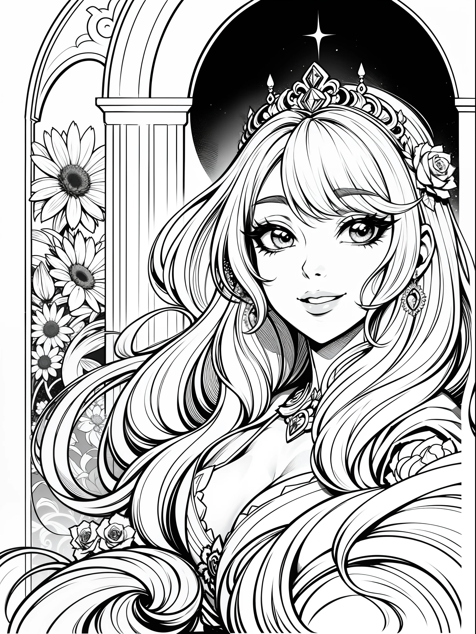 Lineart, monochrome colors, princesa fofa, sorrindo, fofa, flores, borboletas, Castle scenery, preto e branco