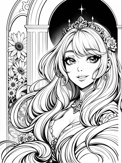 lineart, monochrome colors, princesa fofa, sorrindo, fofa, flores, borboletas, castle scenery, preto e branco