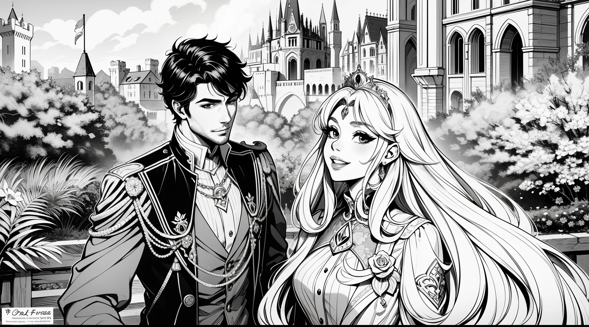 Lineart, monochrome colors, princesa fofa, with a handsome prince, sorrindo, fofa, flores, Castle scenery, preto e branco