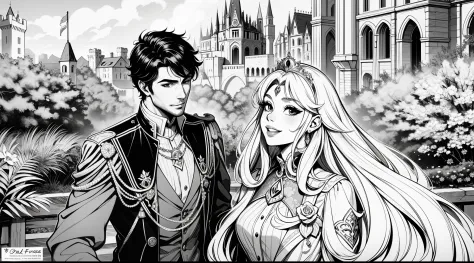 lineart, monochrome colors, princesa fofa, with a handsome prince, sorrindo, fofa, flores, castle scenery, preto e branco