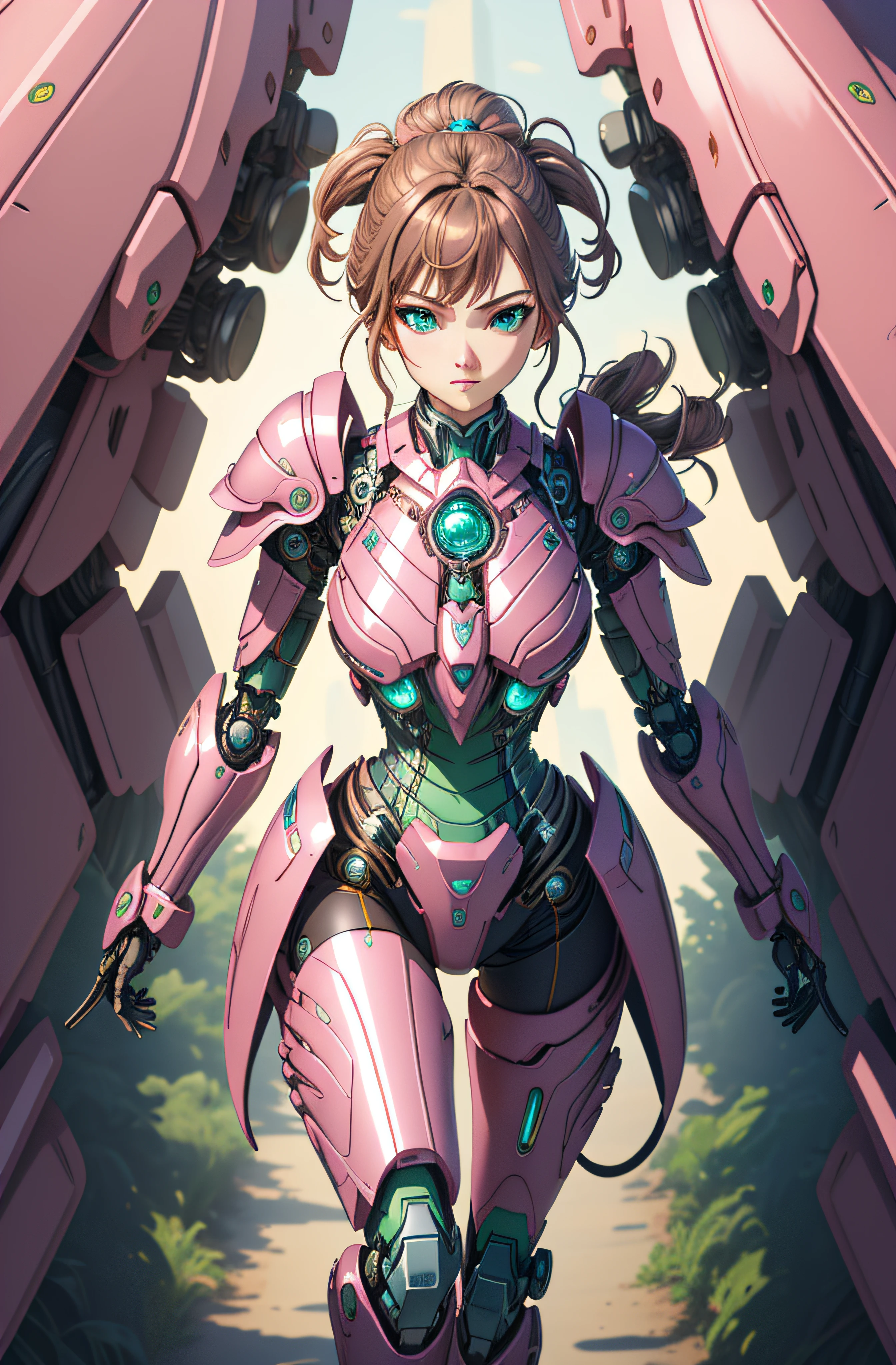 (Super elaborate CG Unity 8K wallpaper, masterpiece, highest quality): (Dynamic Angle, Solo, 1 beautiful Girl, Pink cyborg armor in the style of police uniform, sparkly green eyes, brown hair)