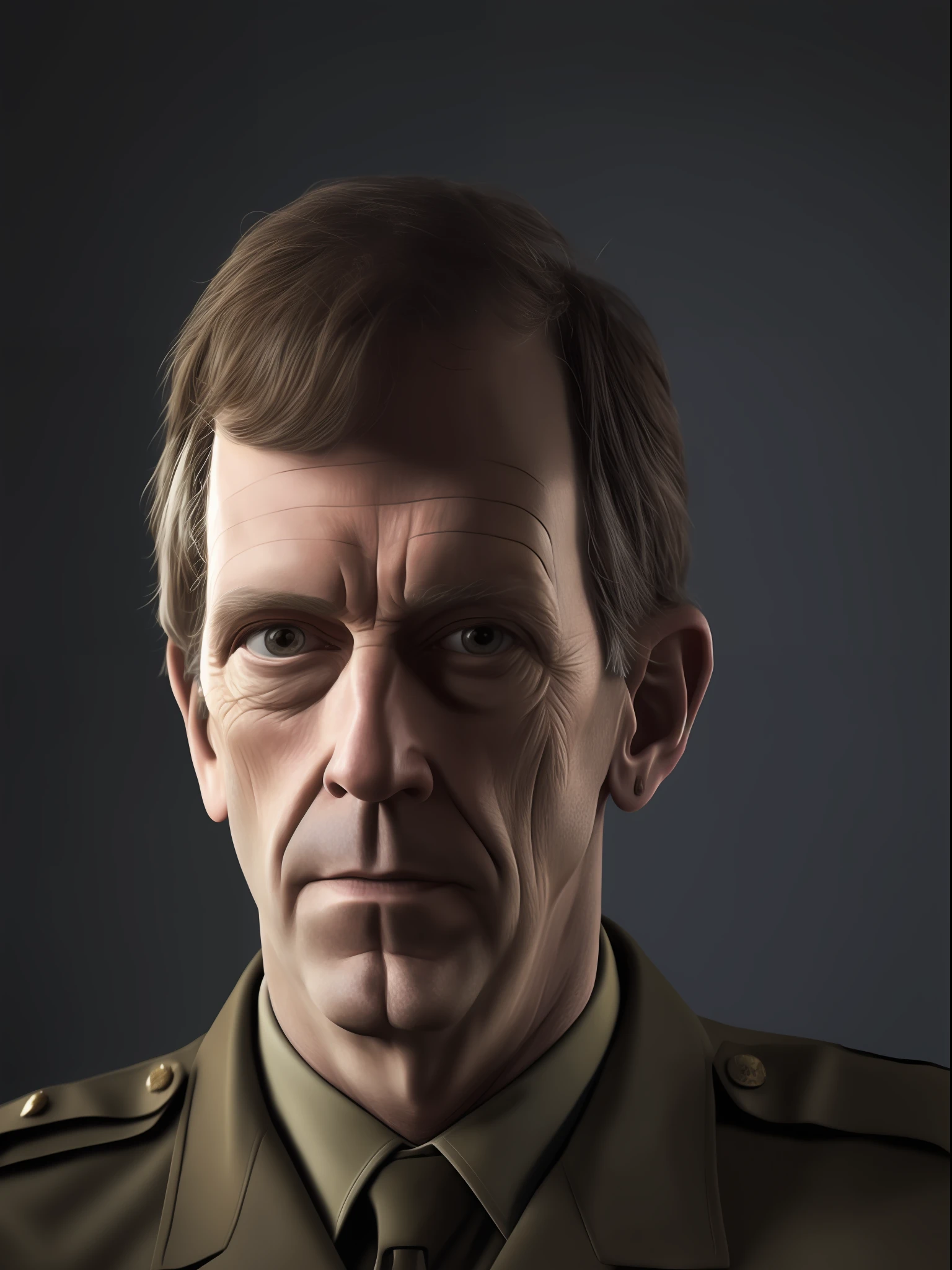 Autoretrato de rosto de agente secreto da cia usando uniforme militar,  inspirado em Hugh Laurie, Imagem realista altamente detalhada, detalhes intricados. Ultra HD, 8K