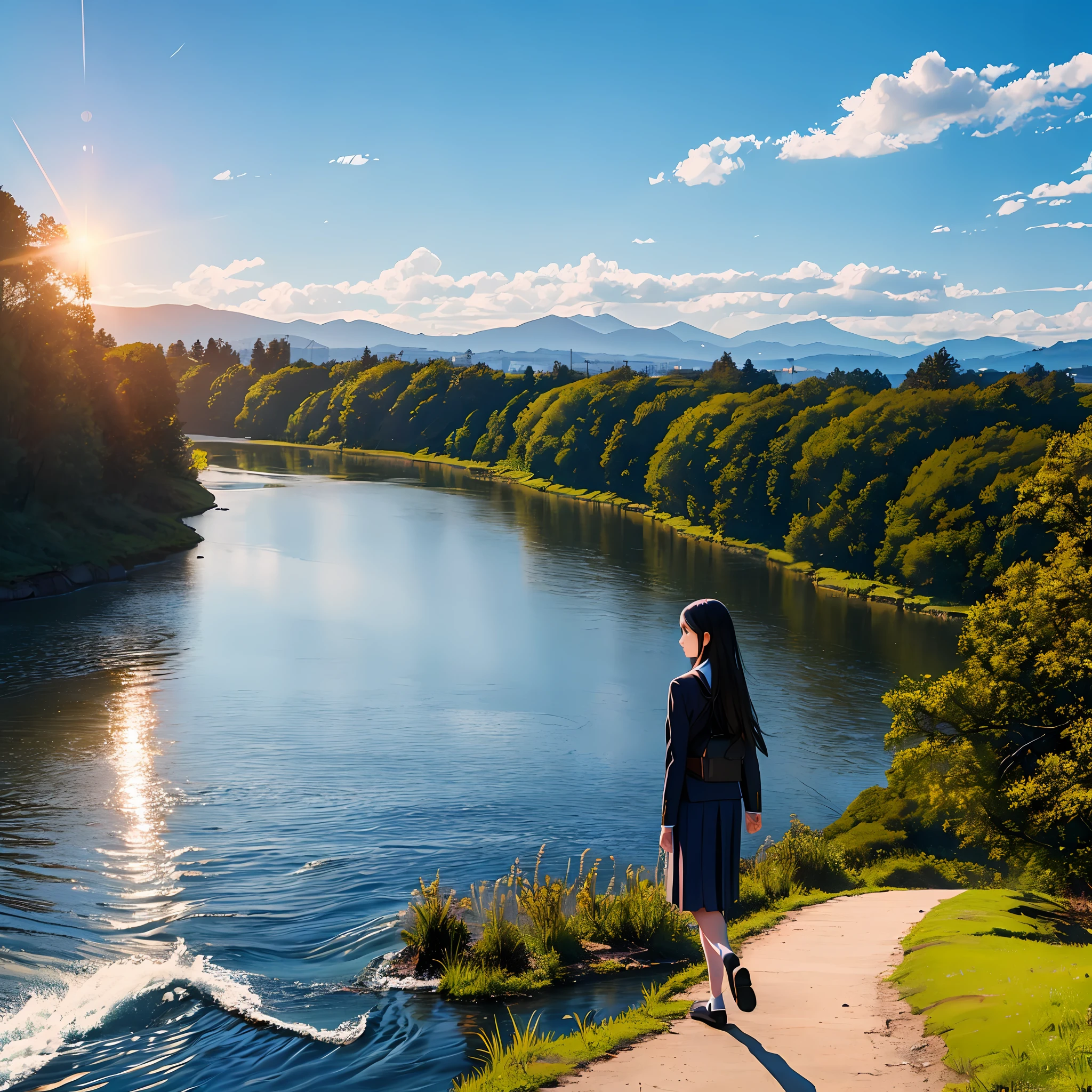 a beautiful slim school girl long straight black hair,oval face,walking at sthe side of a tall bridge,sunsrt,sunrays,river,extremely quality picture