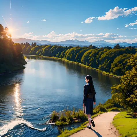 a beautiful slim school girl long straight black hair,oval face,walking at sthe side of a tall bridge,sunsrt,sunrays,river,extre...