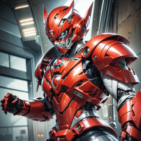 handsome man, made of red metal, (red cyborg: 1.1), (((red power ranger's style helmet with chrome face plate))), ([tail | detai...