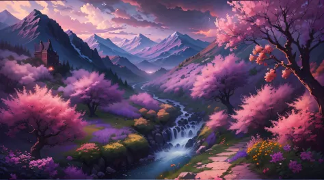 during dawn，In front is a river，The river is covered with purple vines，Further past is a waterfall，surrounded by cloud，Peach blossoms are full of mountains，Thomas Kincaid，Ross Chan，ultra-wide-angle，super-fine，illustration，4k