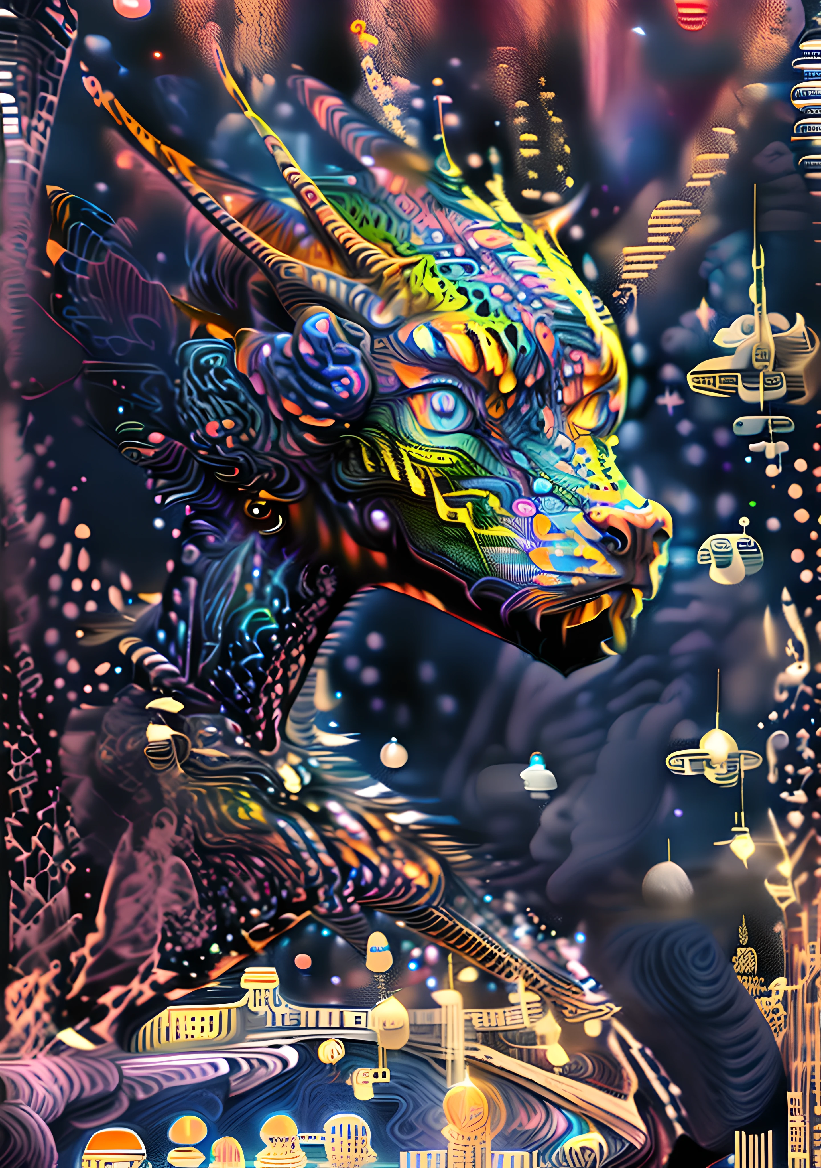 (alta resolução, incrivelmente detalhado, Obra de arte), retrato detalhado de um lindo dragão com dentro dos olhos o universo e as estrelas ,rosto lindo,no espaço , apresentando geometria fractal em (cores vibrantes:0.6), colocado contra um (fundo galáctico:1.8), reunindo complexos, formas e padrões hipnotizantes,DMT ,arte fractal,estrelas e galáxias