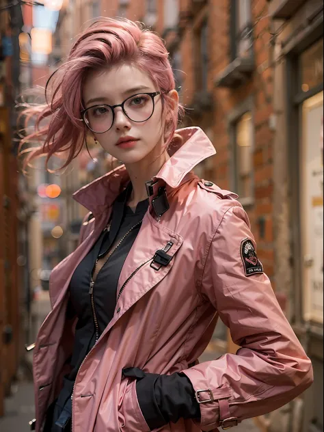 (Character: one french woman, pink shaved sides haircut )
(Clothing: pink trench coat, black shirt, glasses)
(dynamic pose)
(bes...