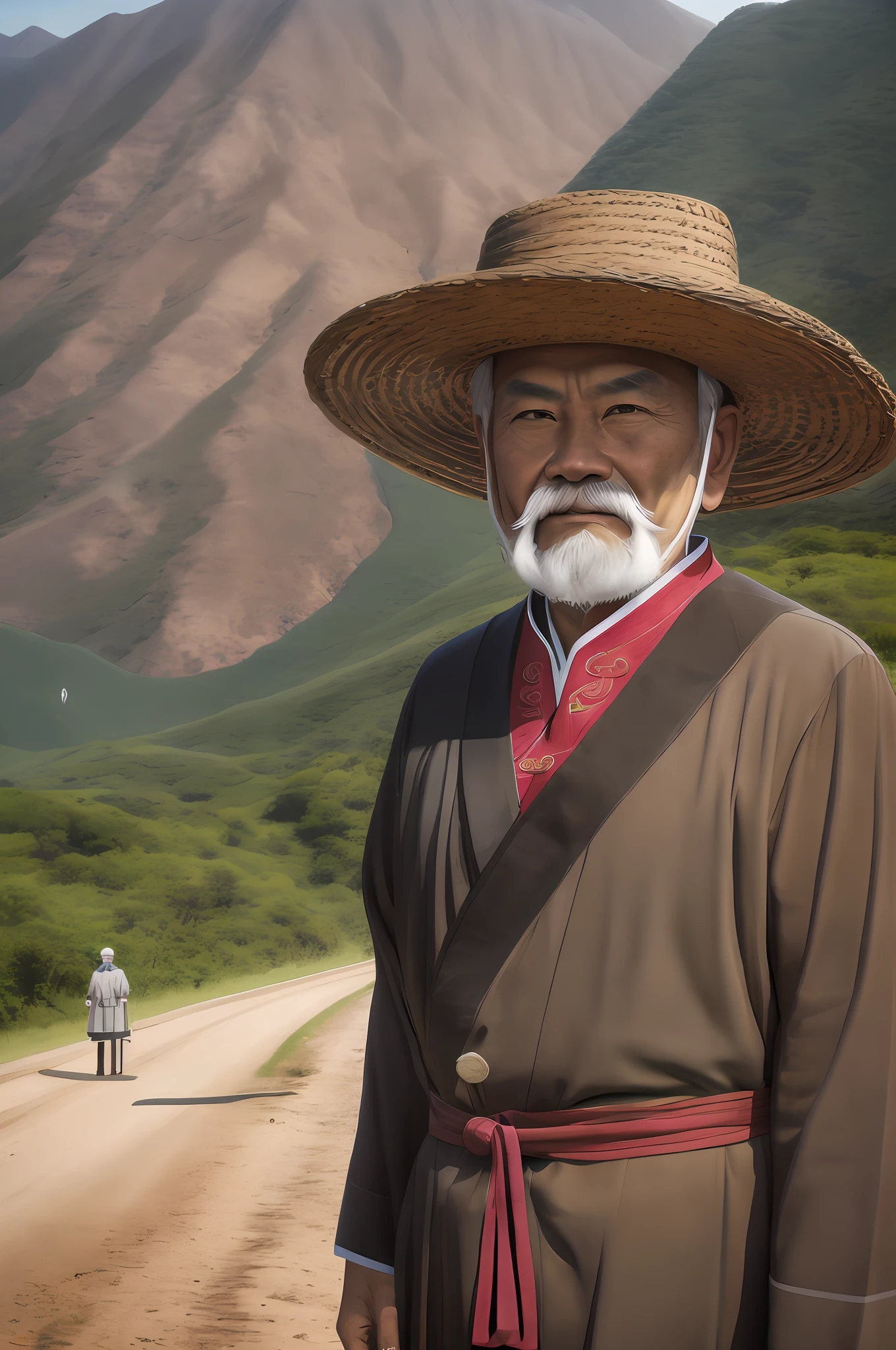 Fantastic artistic RAW photos，60-year-old portrait of Chinese male costume，white mustache，Standing on crutches on a dirt road in front of the mountain，（highdetailskin：1.2），8K  UHD，digital SLR camera，Gentle lighting，high high quality，filmgrain，富士XT3