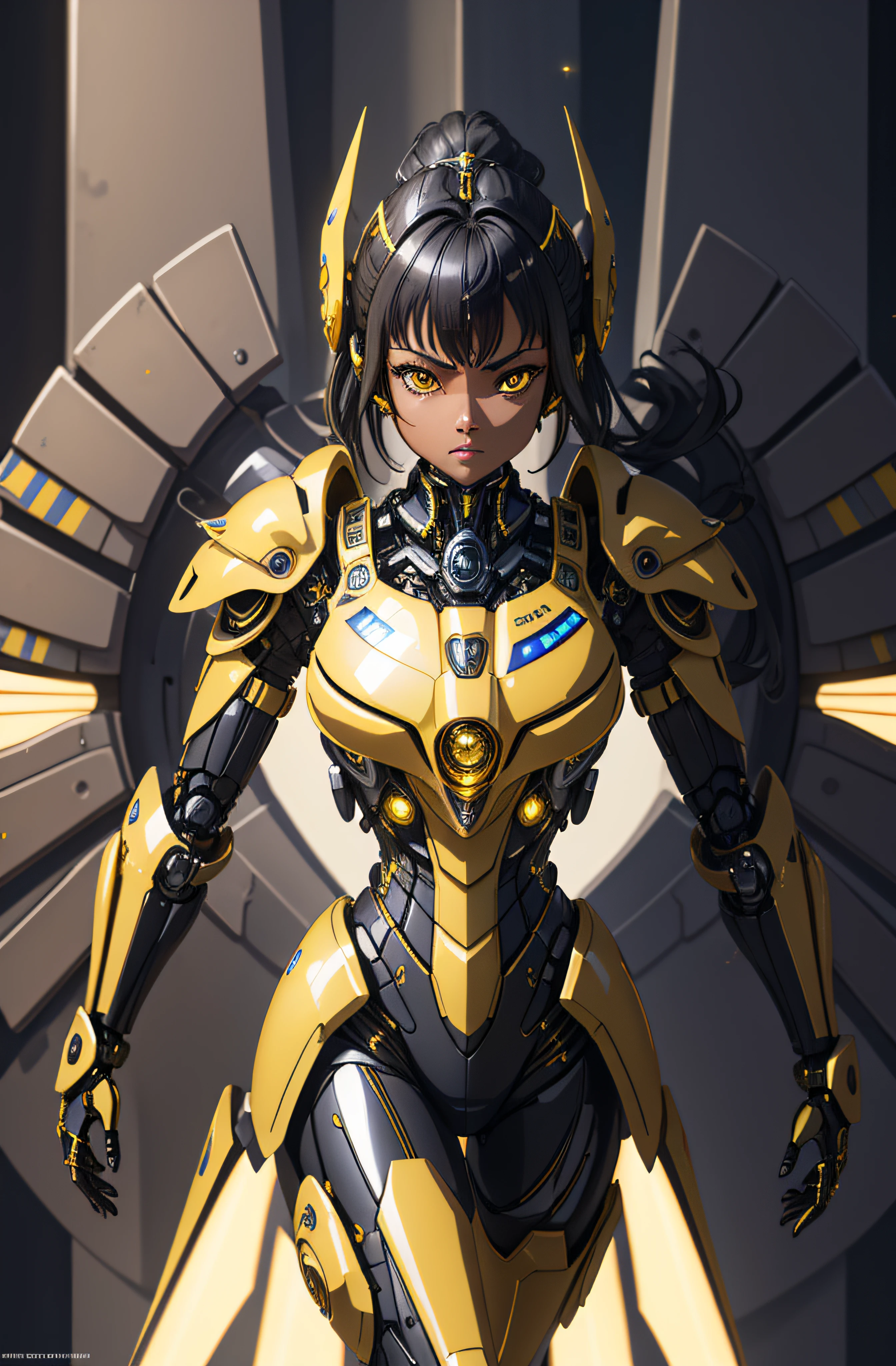 (Super elaborate CG Unity 8K wallpaper, masterpiece, highest quality): (Dynamic Angle, Solo, 1 beautiful black Girl, Yellow cyborg armor in the style of police uniform, sparkly brown eyes, black hair)