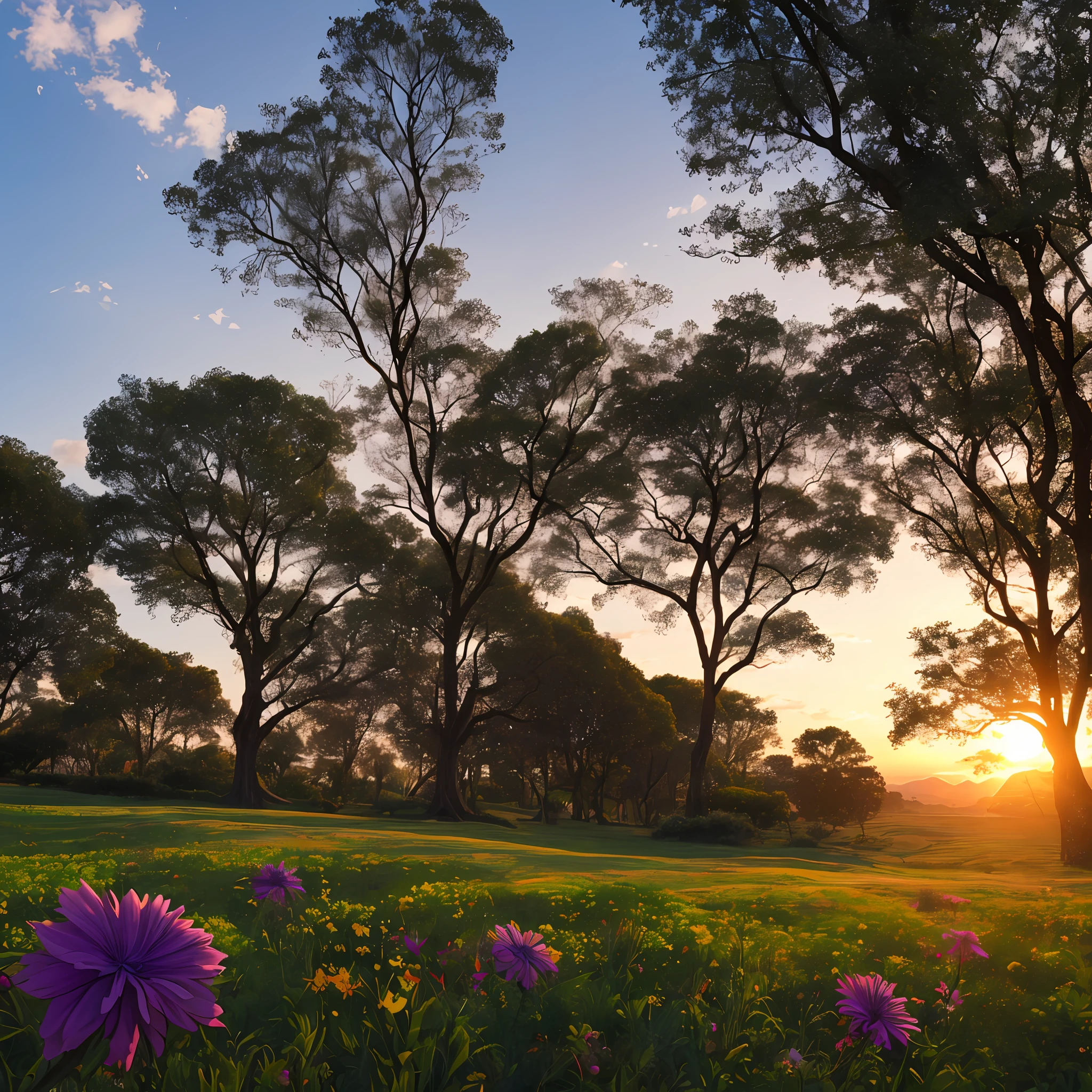 Jardim de flores, com abelhas, por do sol, 4K --automático