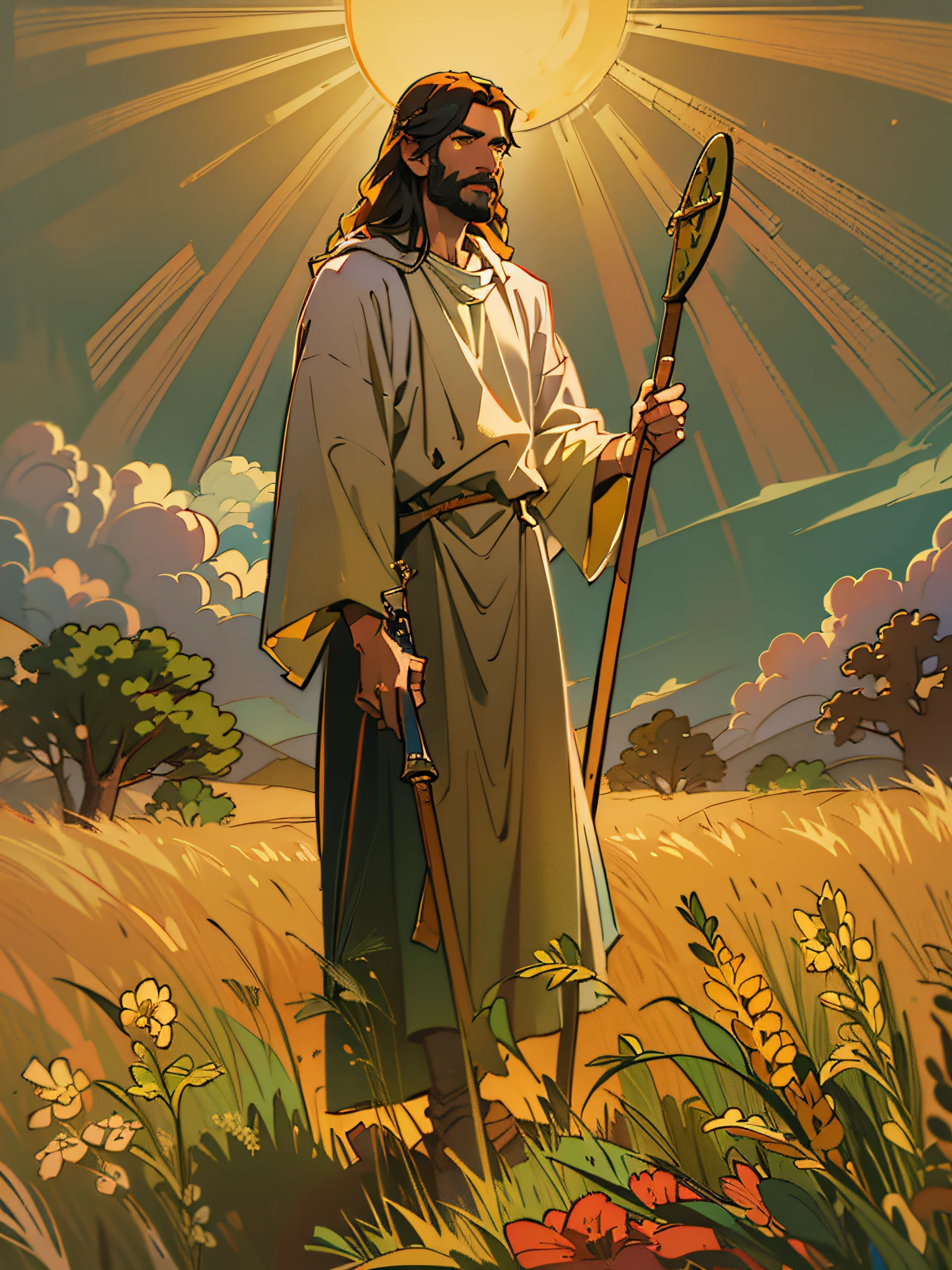 Painting of a man with a cane in a field, Greg Olsen, jesus christ, Retrato de Jesucristo, jesus of nazareth, Jesus, Uno de los tejedores del destino, Vestido como Jesucristo, the lord and savior, god looking at me, Joven Dios Todopoderoso, gigachad jesus, Arte cristiano, por Scott Gustafson, por Thomas Blackshear