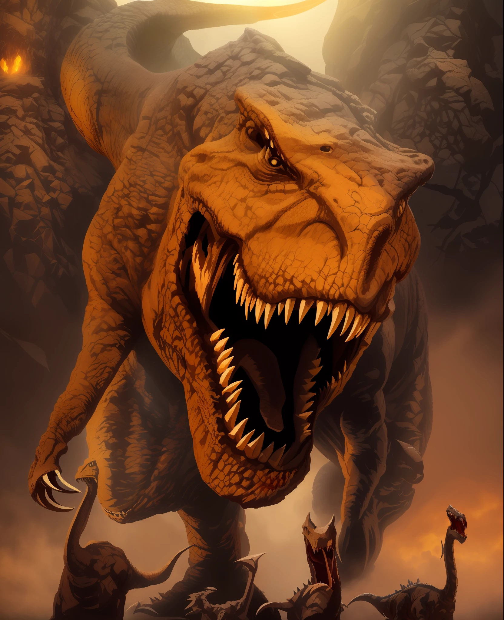 "Zeichne einen Tyrannosaurus Rex (T-Rex) realistisch mit offenem Mund, zeigt seine scharfen Zähne und Zunge. Die Haut des T-Rex sollte einen dunklen Farbton und eine Textur haben, mit realistischen Schatten und Details. Die Szene sollte filmisch ausgeleuchtet werden, mit einem weichen bernsteinfarbenen Licht, das von oben und links vom Bild kommt, Wirft subtile Schatten und hebt die Konturen des T-Rex hervor. Das Bild sollte ein Gefühl von Präsenz und Kraft vermitteln, mit dem T-Rex kurz vor dem Angriff."