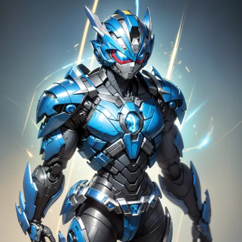 handsome man, made of blue metal, (blue cyborg: 1.1), (((blue power ranger's style helmet with chrome face plate))), ([tail | de...