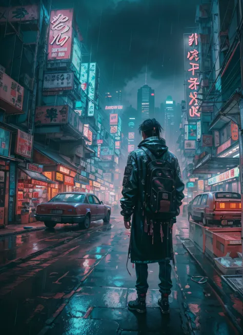 hong kong's street, cyberpunk, vapor punk, a man, from the back, looking at the skyscrapers, helpless and lonely, centered, long...