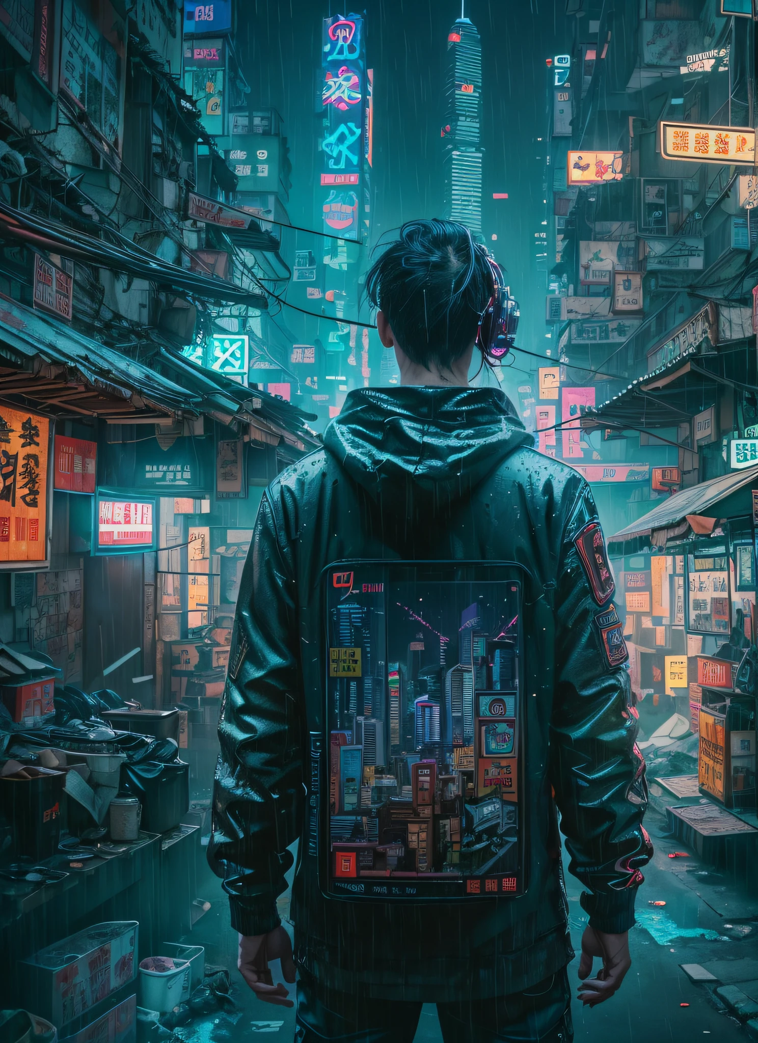 Hong Kong's Street, cyberpunk, vapor punk, a man, from the back, looking at the skyscrapers, longly, centered, middle distance, raining, (extremely detailed:1.2), (intricate neon slums in the background:1.1), hyper-detailed, (soft lighting:1.2), high resolution, filmic grain, ray tracing, Masterpiece, 8K, RAW.