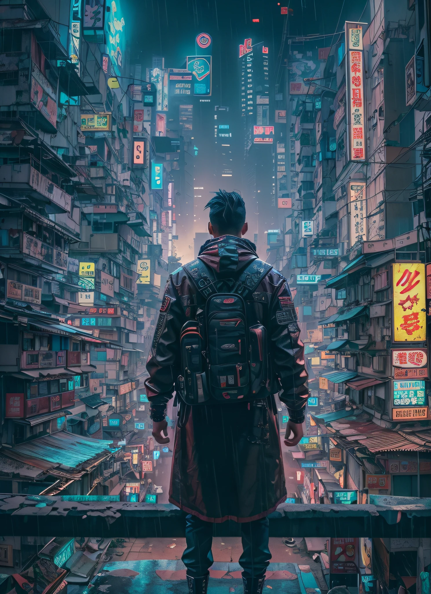 Hong Kong's Street, cyberpunk, vapor punk, a man, from the back, looking at the skyscrapers, longly, centered, middle distance, raining, (extremely detailed:1.2), (intricate neon slums in the background:1.1), hyper-detailed, (soft lighting:1.2), high resolution, filmic grain, ray tracing, Masterpiece, 8K, RAW.