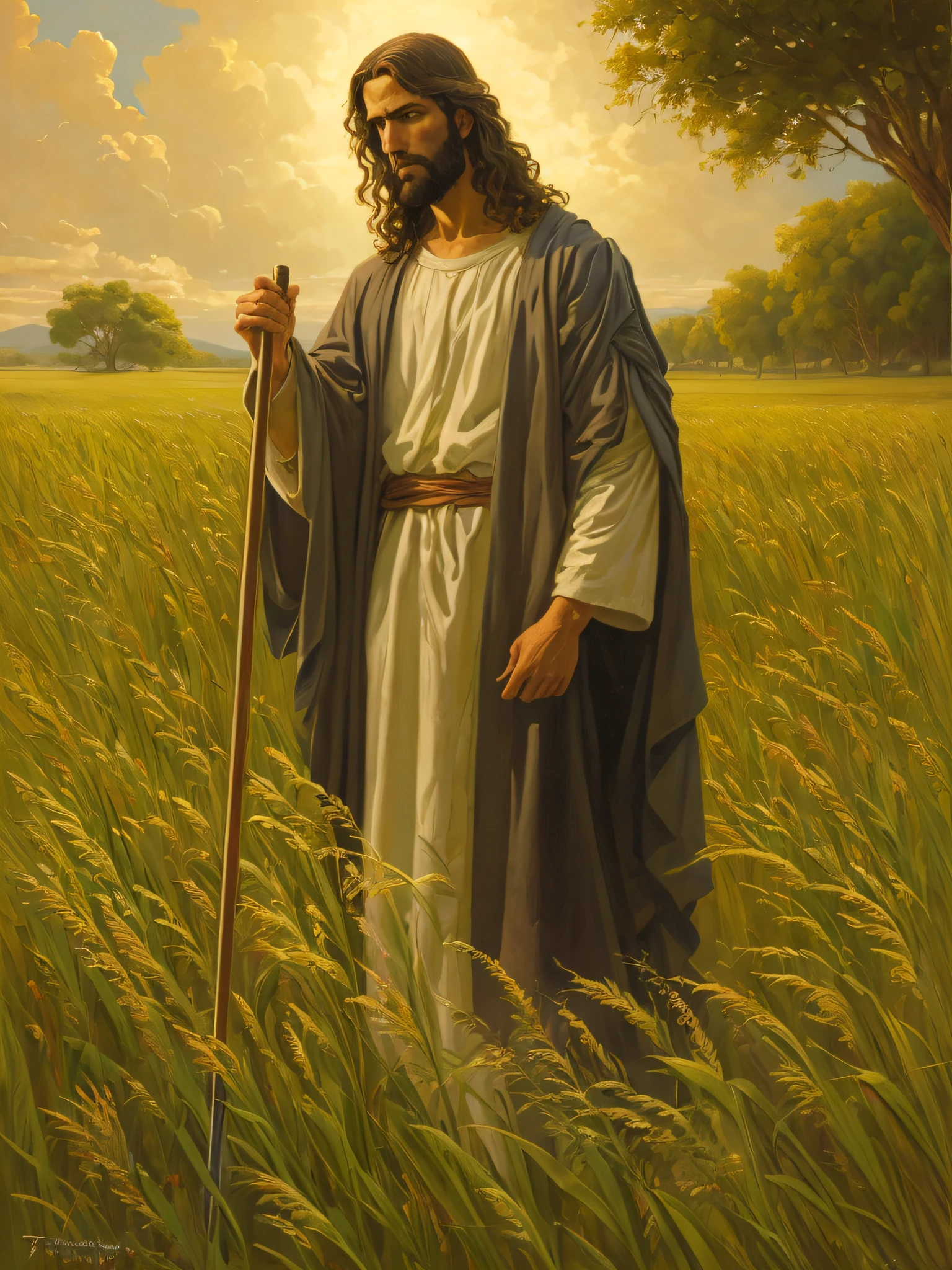 Peinture d&#39;un homme avec une canne dans un champ, Greg Olsen, Jésus Christ, Portrait de Jésus-Christ, Jésus de Nazareth, Jésus, L&#39;un des tisserands du destin, Habillé comme Jésus-Christ, le seigneur et sauveur, Dieu me regarde, Jeune Dieu Tout-Puissant, gigachad Jésus, Art chrétien, par Scott Gustavson, par Thomas Blackshear