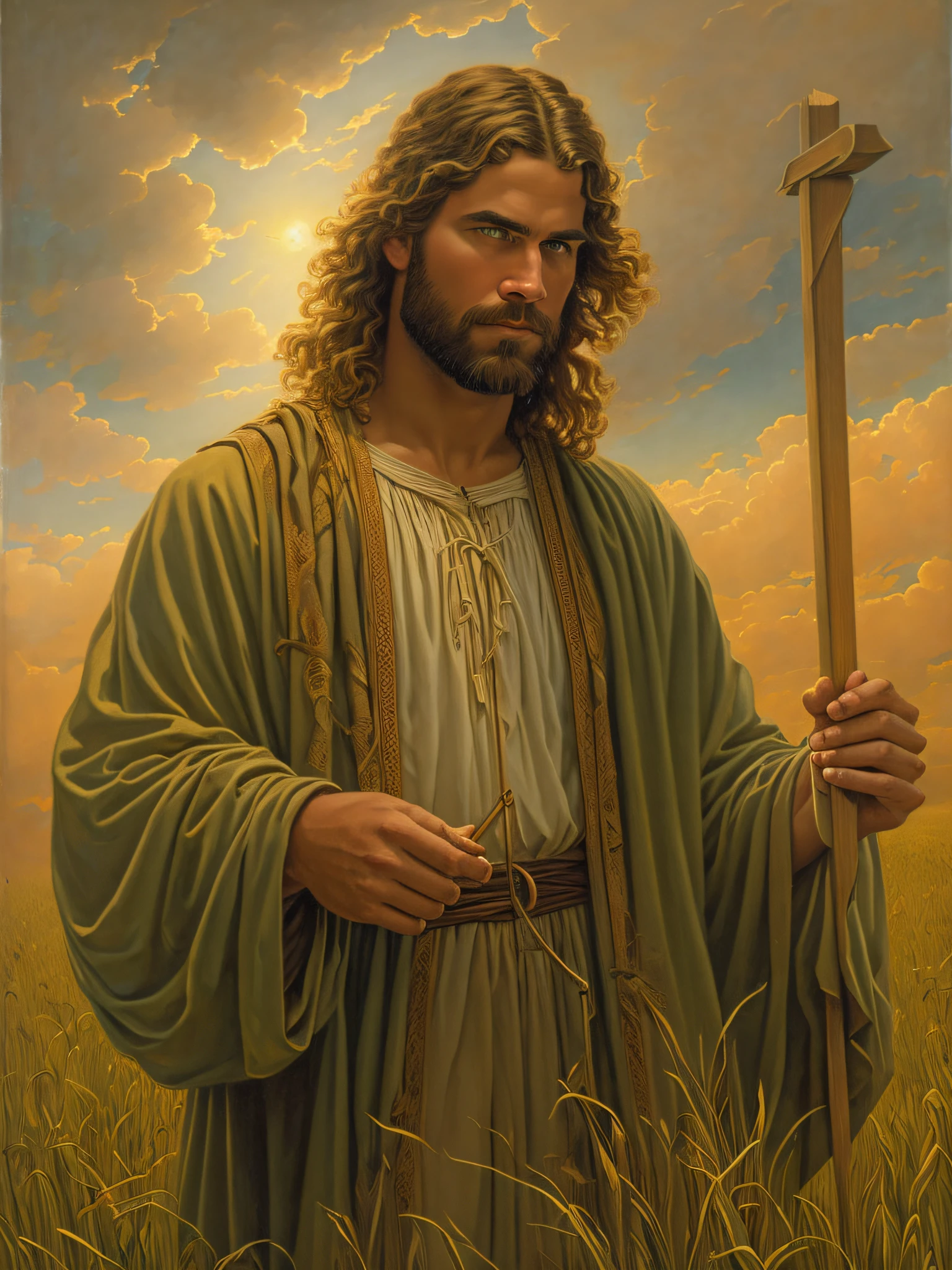 Peinture d&#39;un homme avec une canne dans un champ, Greg Olsen, Jésus Christ, Portrait de Jésus-Christ, Jésus de Nazareth, Jésus, L&#39;un des tisserands du destin, Habillé comme Jésus-Christ, le seigneur et sauveur, Dieu me regarde, Jeune Dieu Tout-Puissant, gigachad Jésus, Art chrétien, par Scott Gustavson, par Thomas Blackshear