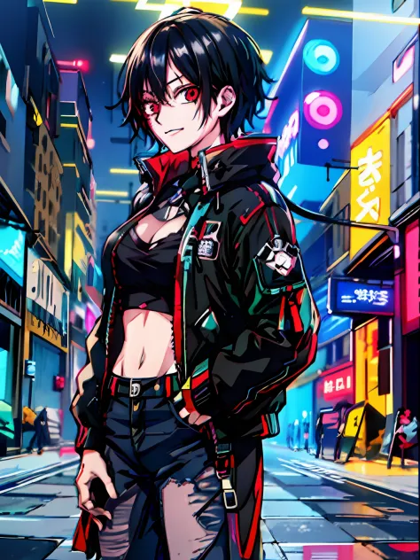 Anime girl in black jacket and jeans standing on city street, cyberpunk anime girl, female cyberpunk anime girl, Digital cyberpu...