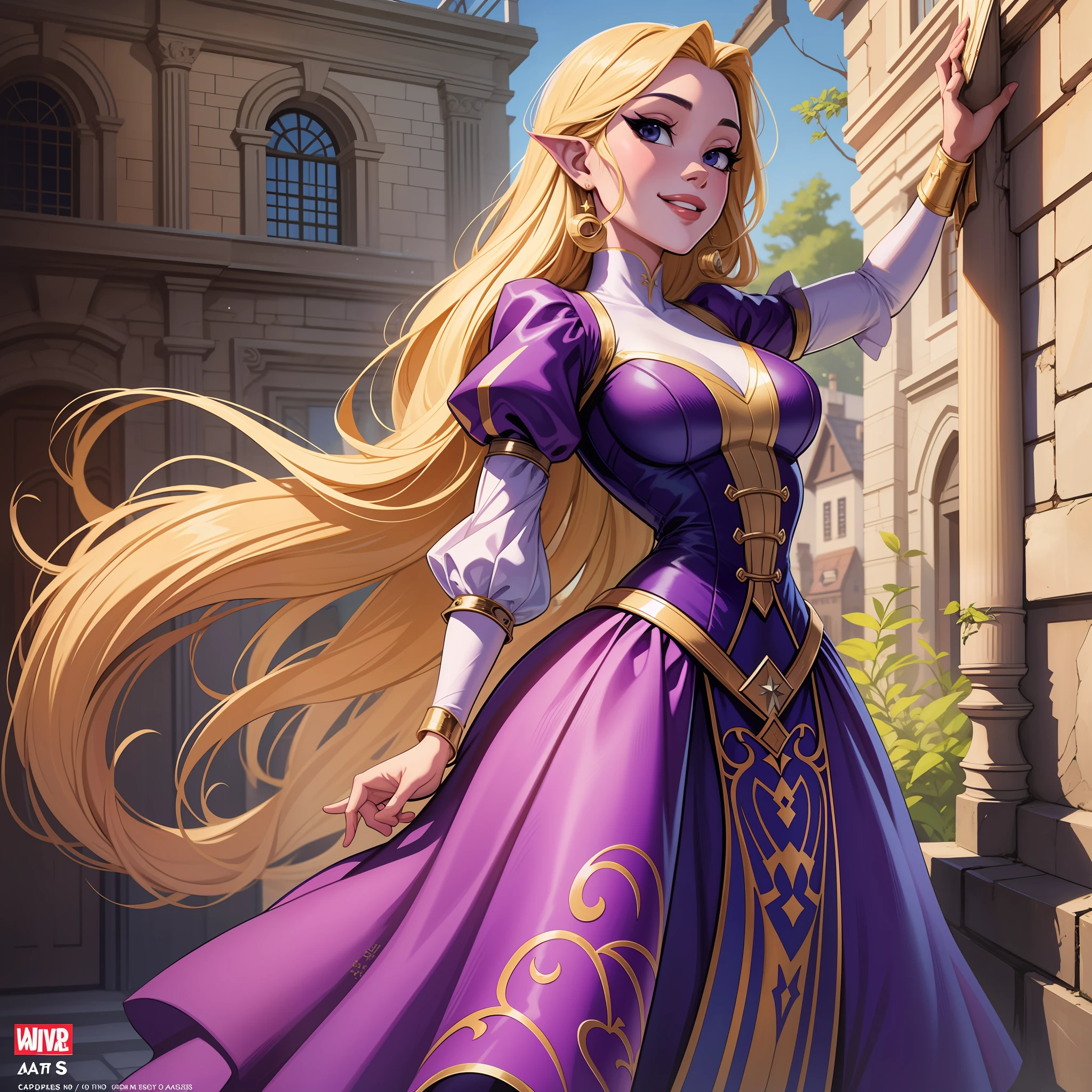 Rapunzel, fofa, art de avatar, cores planas, cabelos loiros muito longos, cabelo da Rapunzel, comic art, capa de comic, vestido violeta, fundo estrelado, corada, sorrindo feliz, Rapunzel de enrolados