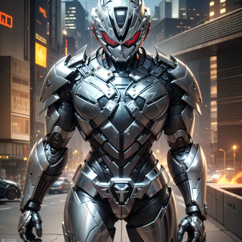 Handsome man, made of black metal, (Black Cyborg: 1.1), (((Black Power Ranger's style helmet with chrome face plate))), ([Tail | Detail Wire]: 1.3), (Complex Detail), HDR, (Complex Detail, Ultra Detail: 1.2), Cinematic Shot, Masterpiece, Best Quality, High...