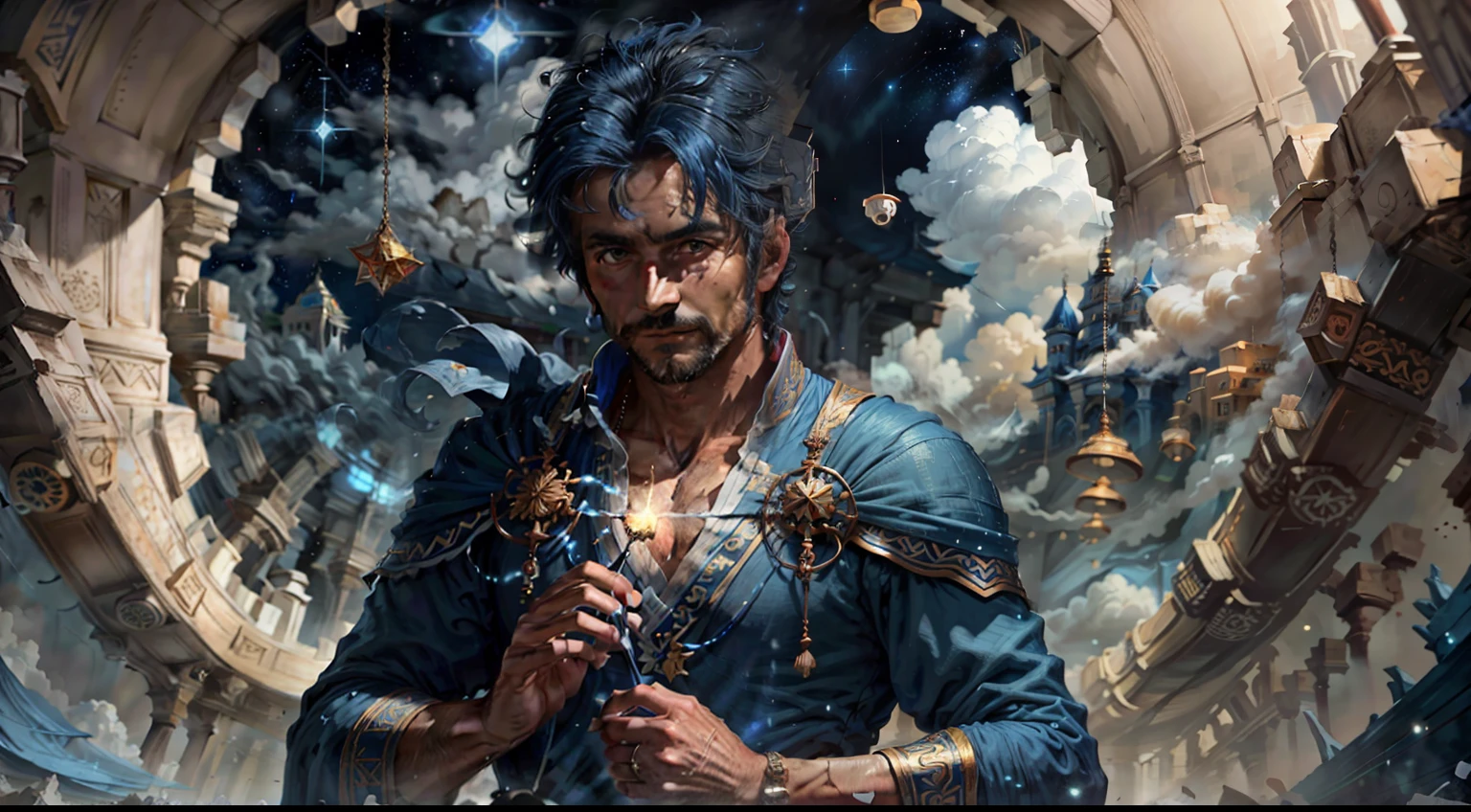 (Man in blue robes of glory, Reikian in the temple descending through the clouds, Young Archangel Michael Magic, beautiful blonde hair, blue colored eyes, with angel wings, creator of the universe), (angels, armour, wings), artistic, top lighting, hyperdetailed, hyperrealisti, figura masculina, wrapped in a simple blue cloak, homem de 45 anos, Blue dress bathed in starlight, lights in the air, thin flowing shapes, sublime, dynamic scene, Very high detail, high resolution, vivid, composite lighting, softshadows, nice composition, neatly drawn, sharp focus, gorgeous, initial fabric16k,