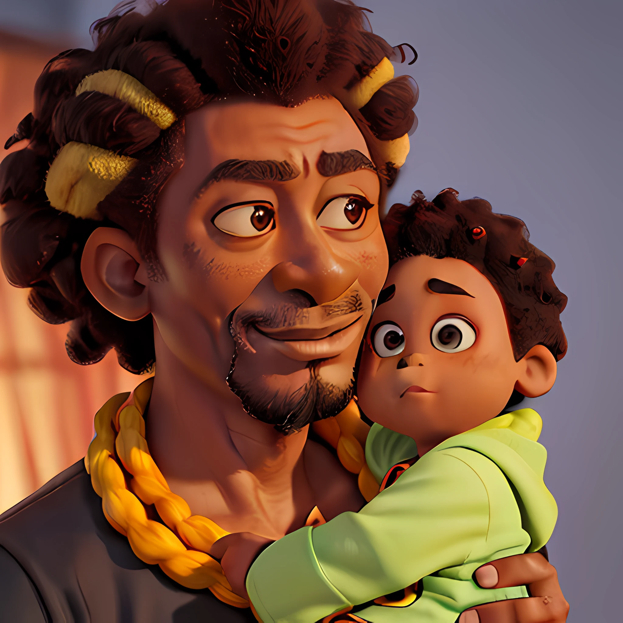 A father ((Afro-Zulu)) loving holding your child (afro-zuli)( on the lap, vivid colors, details Intricate, calvo, climate of love, father and son, Family Love, father and his son, Father with son in arms Afro-Kenyan man(((standing alone))) Holding a Kenyan child ((soli)) in your arms, pixar models 2 0 0 px, template layout, full beard, snapshot, happy look, sparkling eyes proportional faces, photo product, fibanci background, unmistakably ginger, to loan, ringflash, Draft, both faces visible , Ad image a parent, 独奏, ((40 year old pixar style man, long messy hair: 1.2)), (((afro skin_black: 1.4))), vivid colors, floral Dress, autumn afternoon, sunset, details Intricate, estilo midjourney, Greg Rutkowski