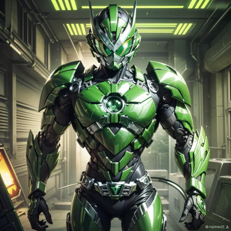 handsome man, made of green metal, (green cyborg: 1.1), (((green power ranger's style helmet with chrome face plate))), ([tail |...